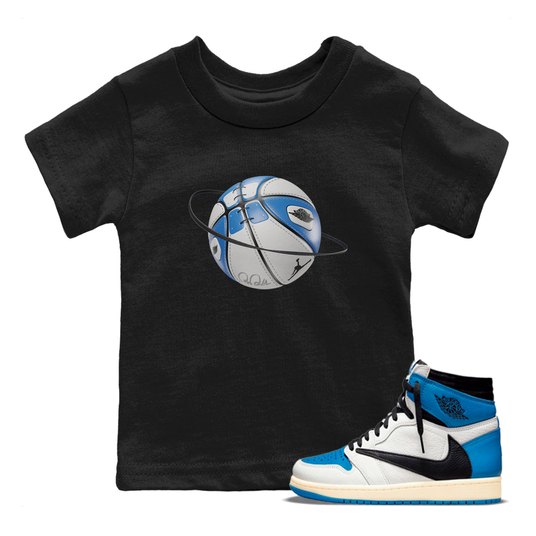 Air Jordan 1 Travis Scott Fragment Sneaker Match Tees Basketball Planet Streetwear Sneaker Shirt AJ1 OG High Travis Scott Fragment Sneaker Release Tees Kids Shirts Black 1