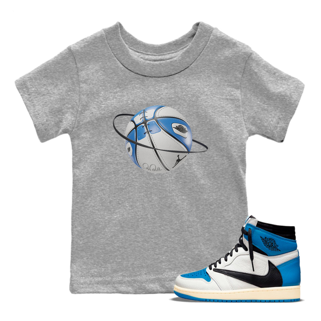 Air Jordan 1 Travis Scott Fragment Sneaker Match Tees Basketball Planet Streetwear Sneaker Shirt AJ1 OG High Travis Scott Fragment Sneaker Release Tees Kids Shirts Heather Grey 1