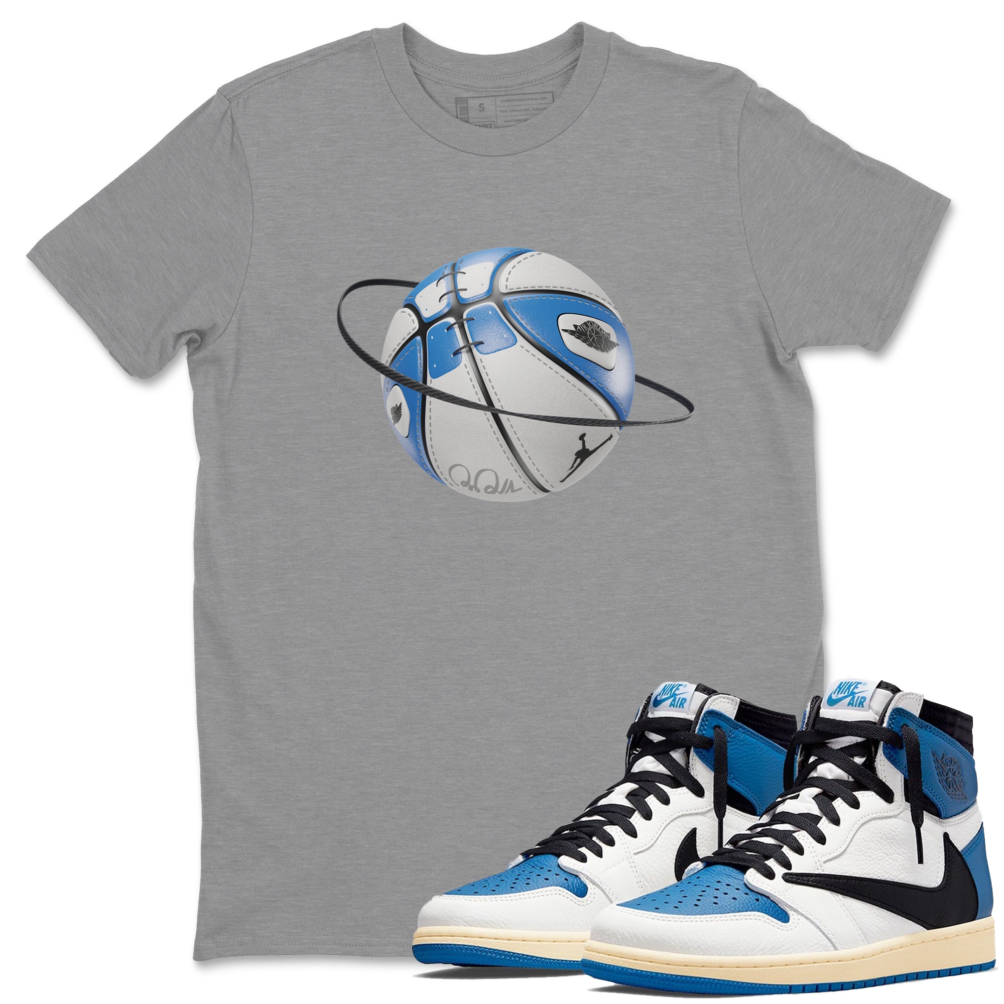 Air Jordan 1 Travis Scott Fragment Sneaker Match Tees Basketball Planet Streetwear Sneaker Shirt AJ1 OG High Travis Scott Fragment Sneaker Release Tees Unisex Shirts Heather Grey 1