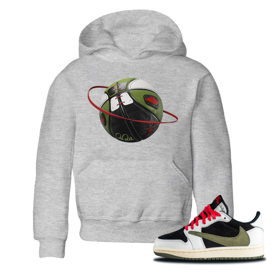 Air Jordan 1 Travis Scott Olive Sneaker Match Tees Basketball Planet Streetwear Sneaker Shirt AJ1 OG Travis Scott Olive Sneaker Release Tees Kids Shirts Heather Grey 1