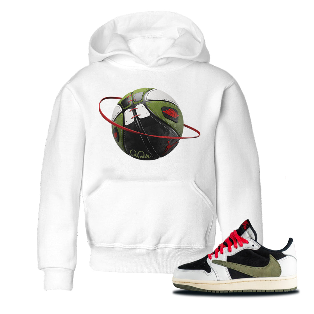 Air Jordan 1 Travis Scott Olive Sneaker Match Tees Basketball Planet Streetwear Sneaker Shirt AJ1 OG Travis Scott Olive Sneaker Release Tees Kids Shirts White 1
