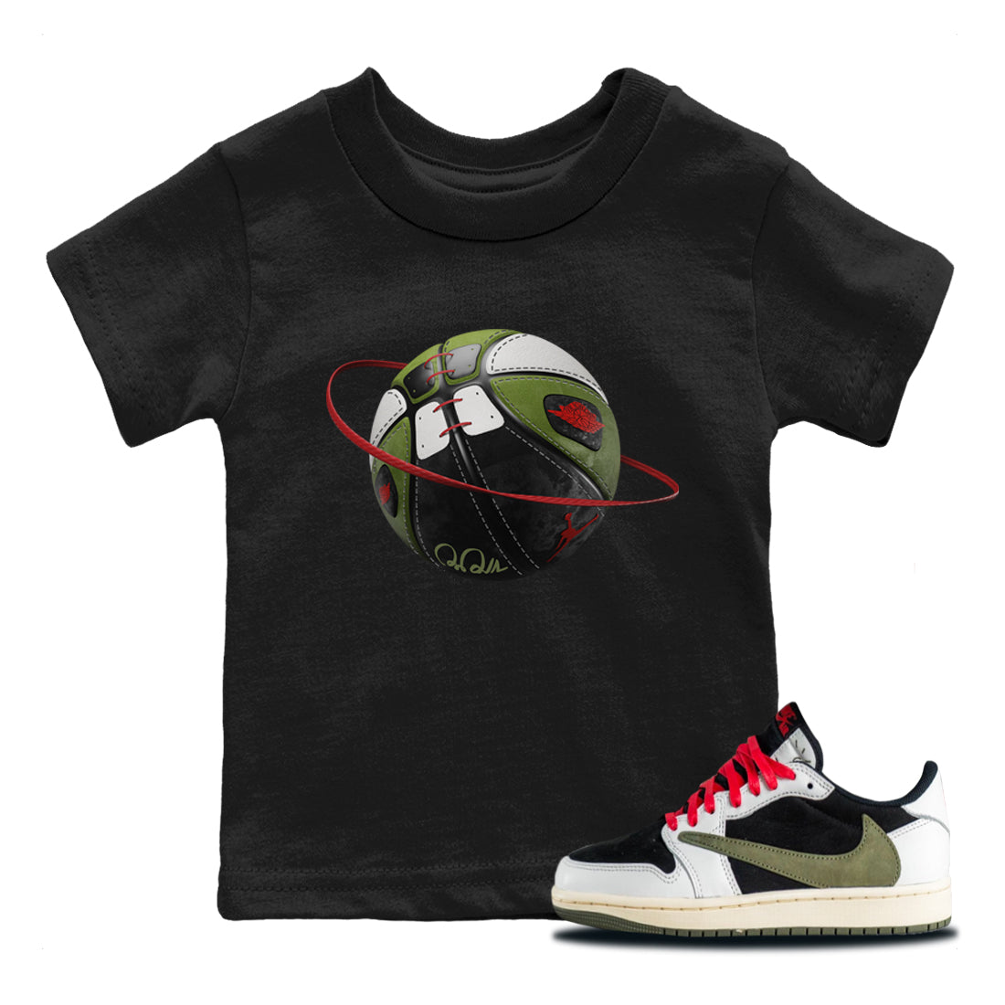 Air Jordan 1 Travis Scott Olive Sneaker Match Tees Basketball Planet Streetwear Sneaker Shirt AJ1 OG Travis Scott Olive Sneaker Release Tees Kids Shirts Black 1