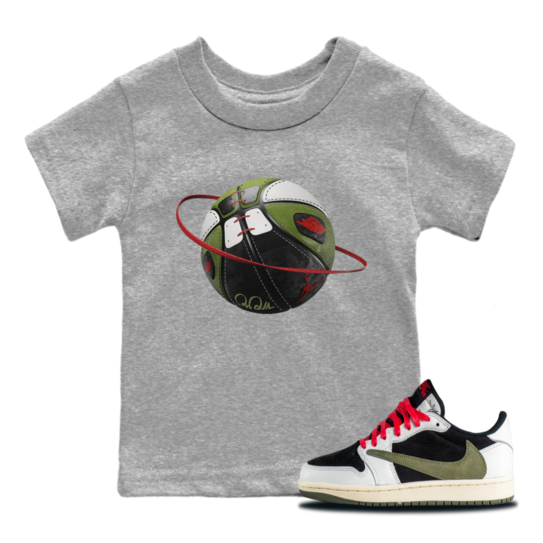 Air Jordan 1 Travis Scott Olive Sneaker Match Tees Basketball Planet Streetwear Sneaker Shirt AJ1 OG Travis Scott Olive Sneaker Release Tees Kids Shirts Heather Grey 1