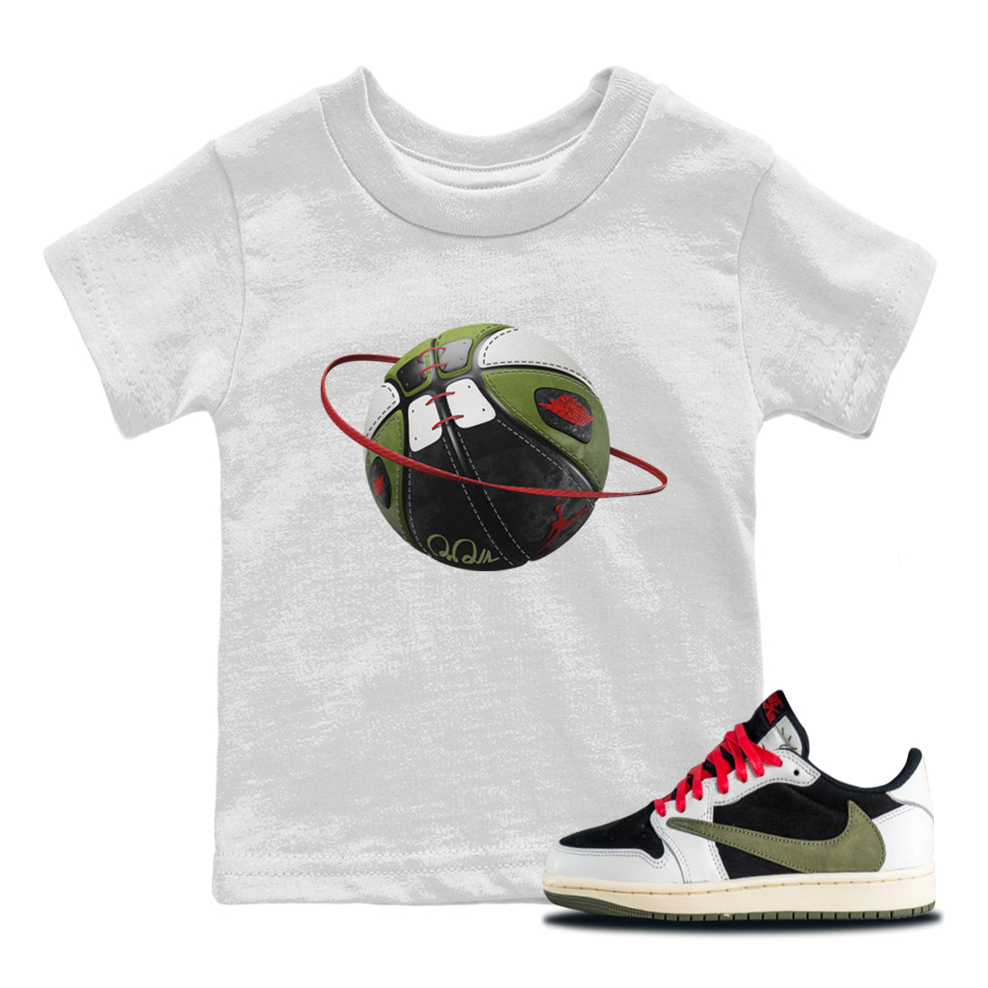 Air Jordan 1 Travis Scott Olive Sneaker Match Tees Basketball Planet Streetwear Sneaker Shirt AJ1 OG Travis Scott Olive Sneaker Release Tees Kids Shirts White 1
