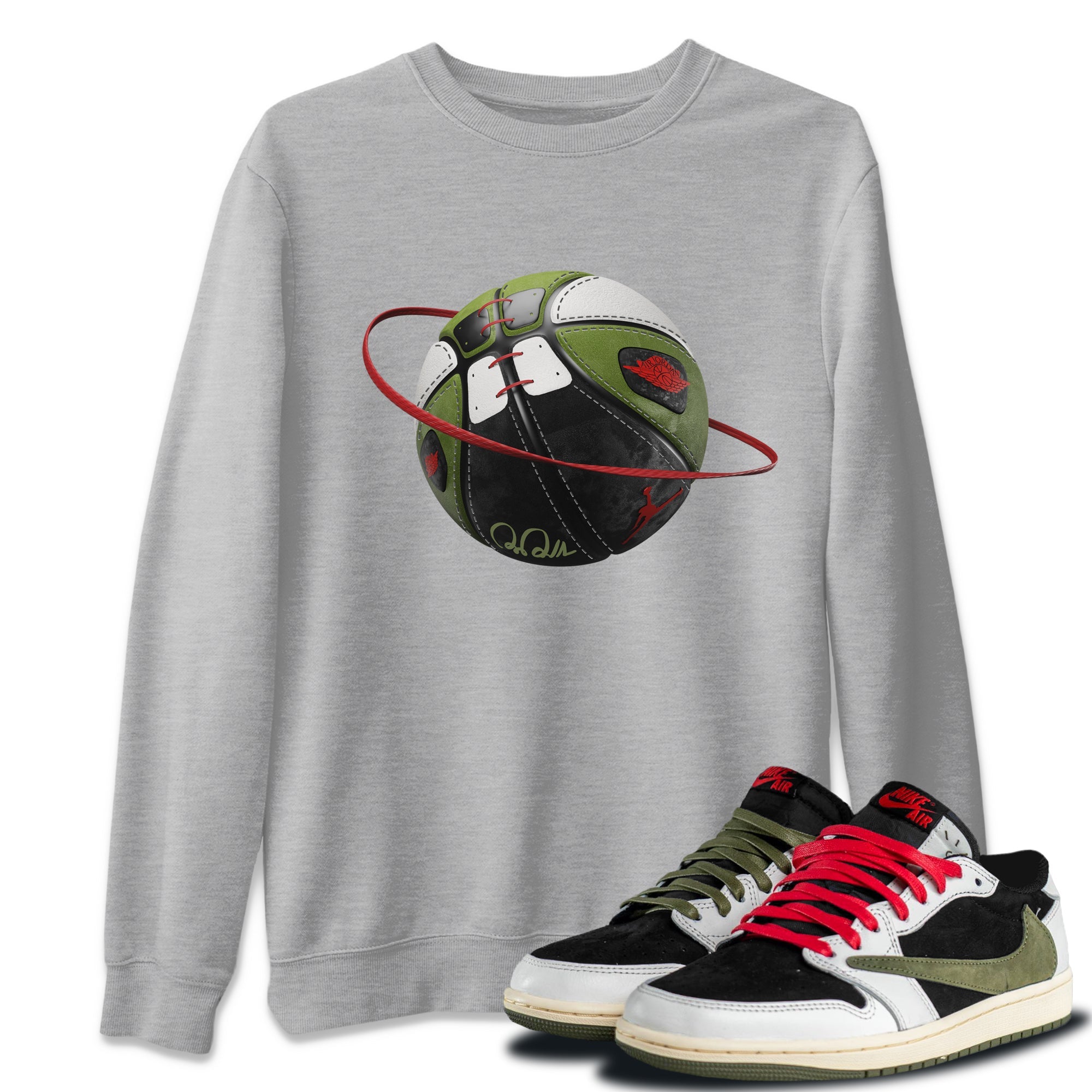 Air Jordan 1 Travis Scott Olive Sneaker Match Tees Basketball Planet Streetwear Sneaker Shirt AJ1 OG Travis Scott Olive Sneaker Release Tees Unisex Shirts Heather Grey 1
