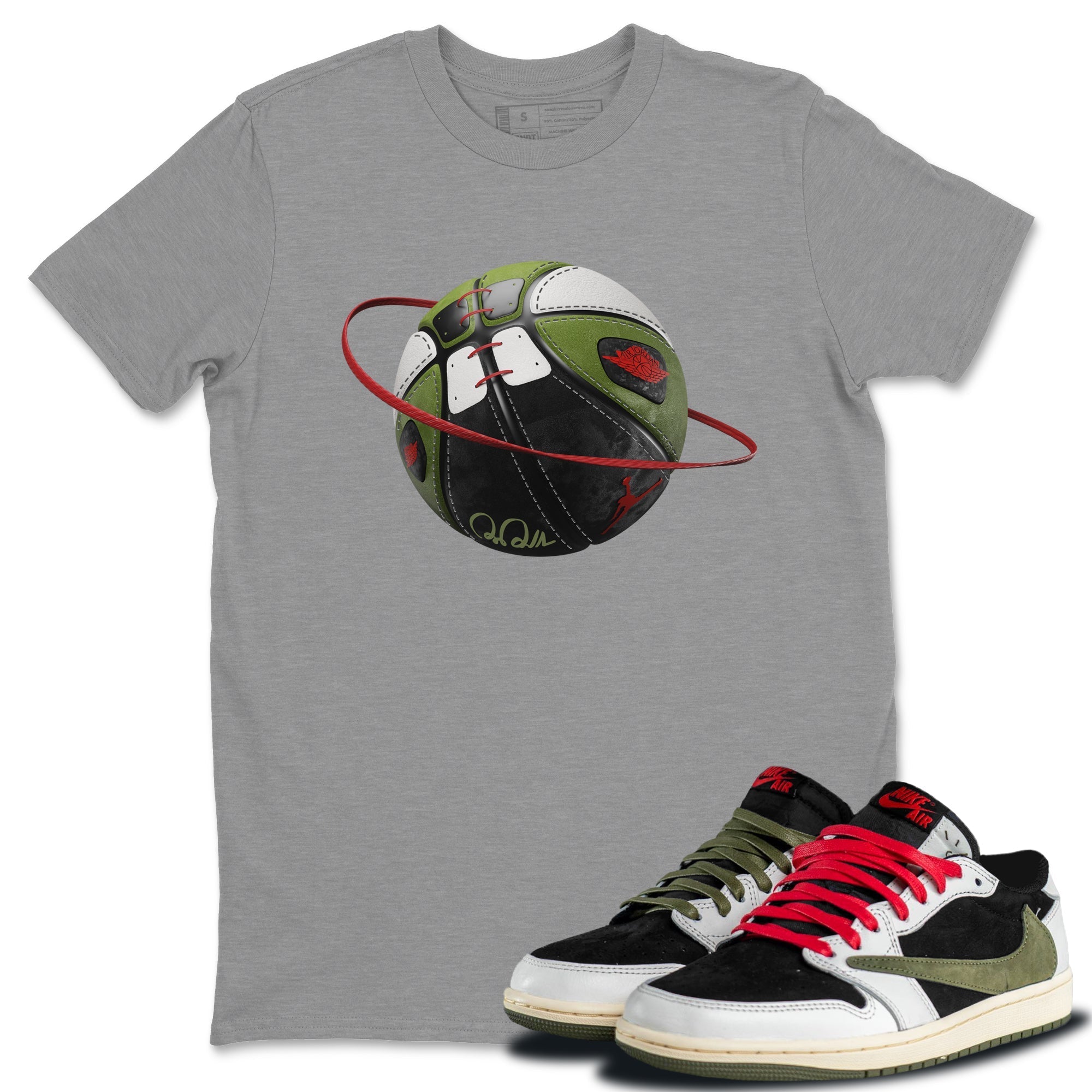 Air Jordan 1 Travis Scott Olive Sneaker Match Tees Basketball Planet Streetwear Sneaker Shirt AJ1 OG Travis Scott Olive Sneaker Release Tees Unisex Shirts Heather Grey 1
