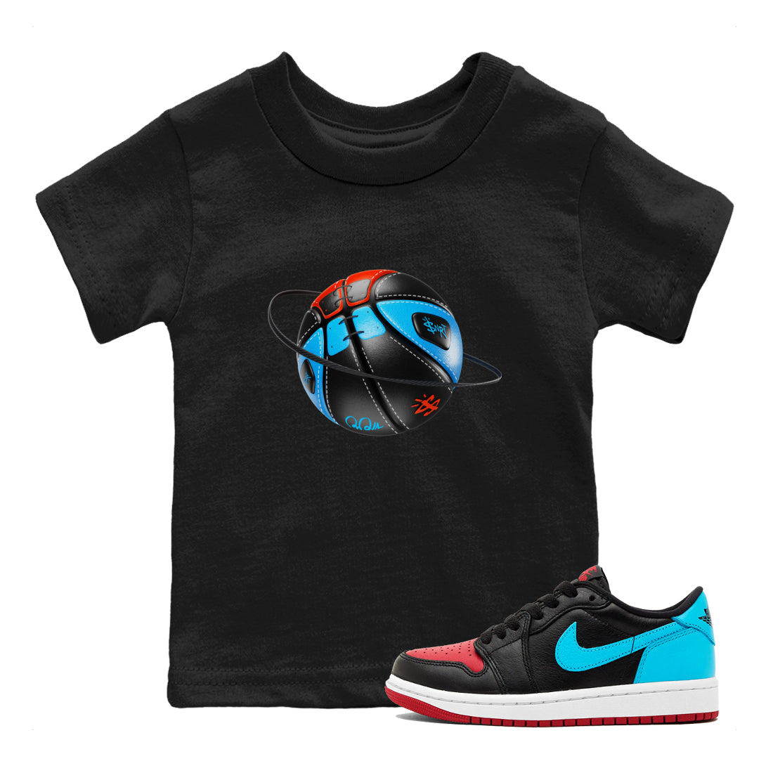 Air Jordan 1 UNC to Chicago Sneaker Match Tees Basketball Planet Streetwear Sneaker Shirt AJ1 UNC to Chicago Sneaker Release Tees Kids Shirts Black 1