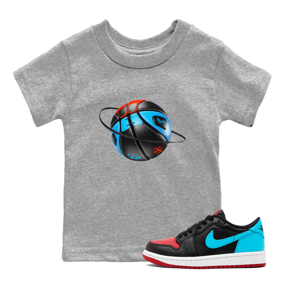 Air Jordan 1 UNC to Chicago Sneaker Match Tees Basketball Planet Streetwear Sneaker Shirt AJ1 UNC to Chicago Sneaker Release Tees Kids Shirts Heather Grey 1