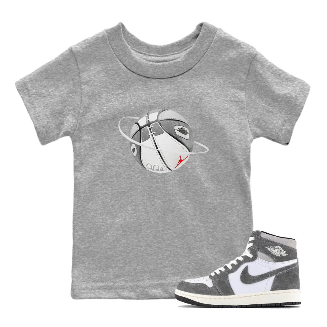 Air Jordan 1 Washed Heritage Sneaker Match Tees Basketball Planet Streetwear Sneaker Shirt AJ1 Washed Heritage Sneaker Release Tees Kids Shirts Heather Grey 1