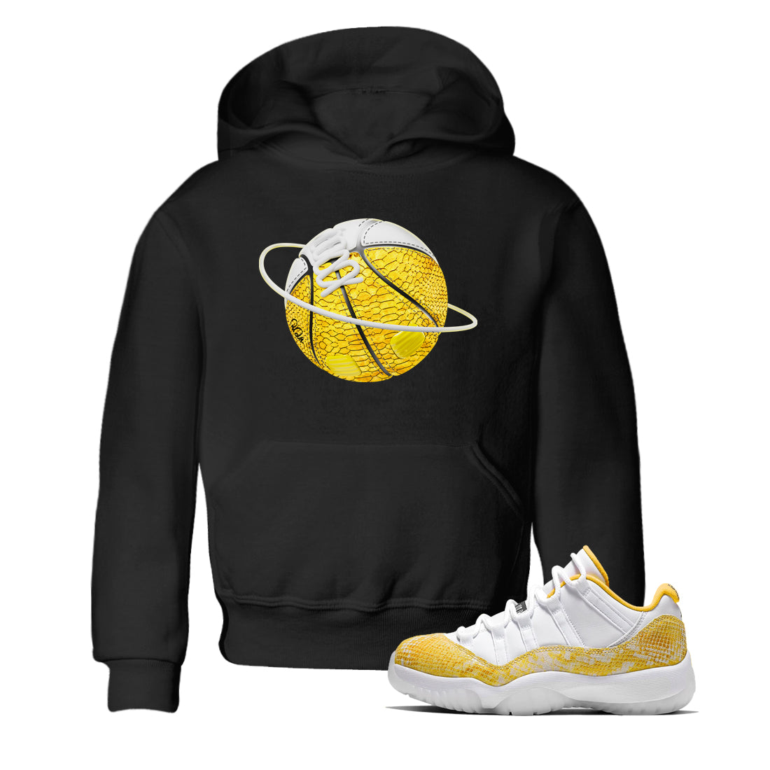 Air Jordan 11 Yellow Python Sneaker Match Tees Basketball Planet Streetwear Sneaker Shirt AJ11 Yellow Python Sneaker Release Tees Kids Shirts Black 1