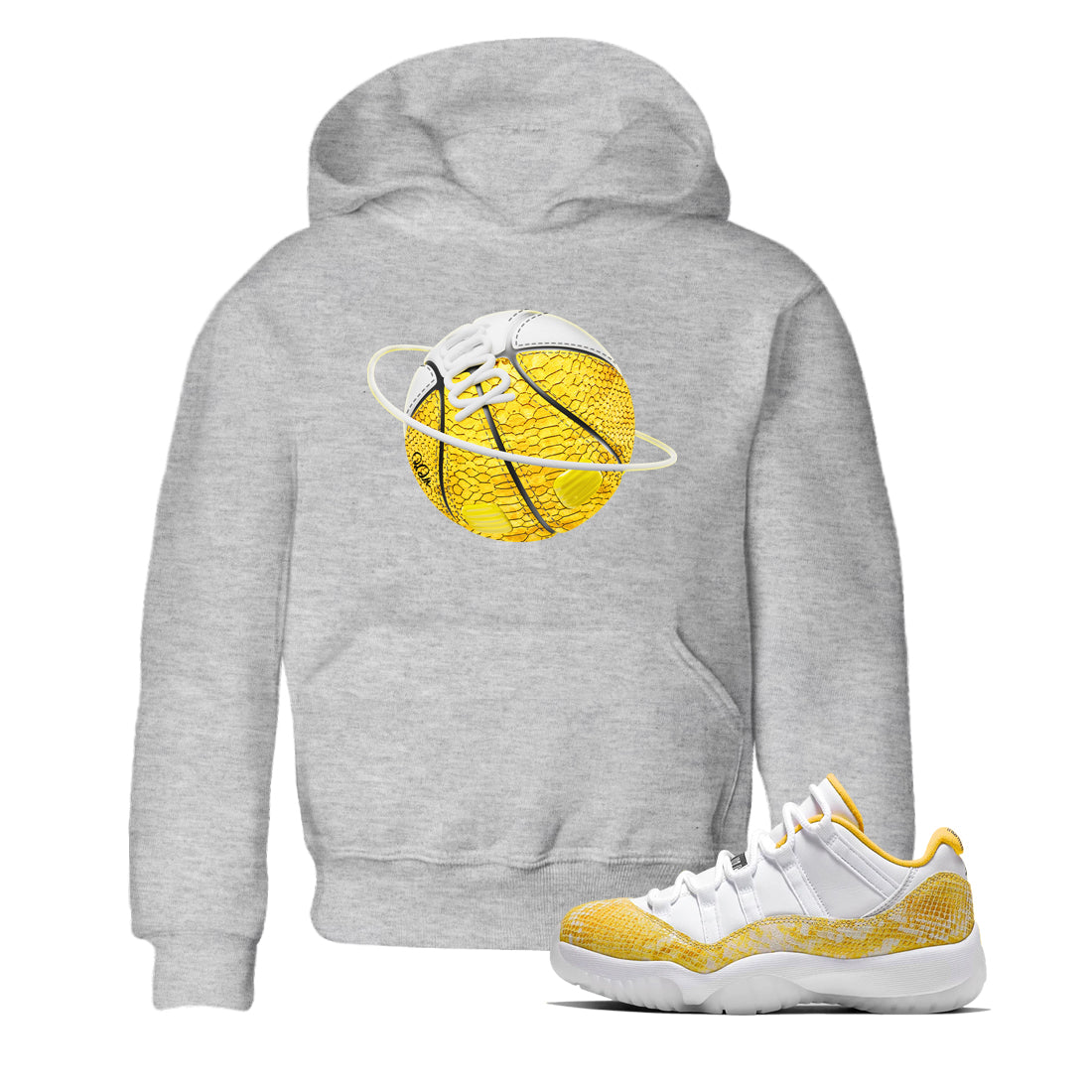 Air Jordan 11 Yellow Python Sneaker Match Tees Basketball Planet Streetwear Sneaker Shirt AJ11 Yellow Python Sneaker Release Tees Kids Shirts Heather Grey 1