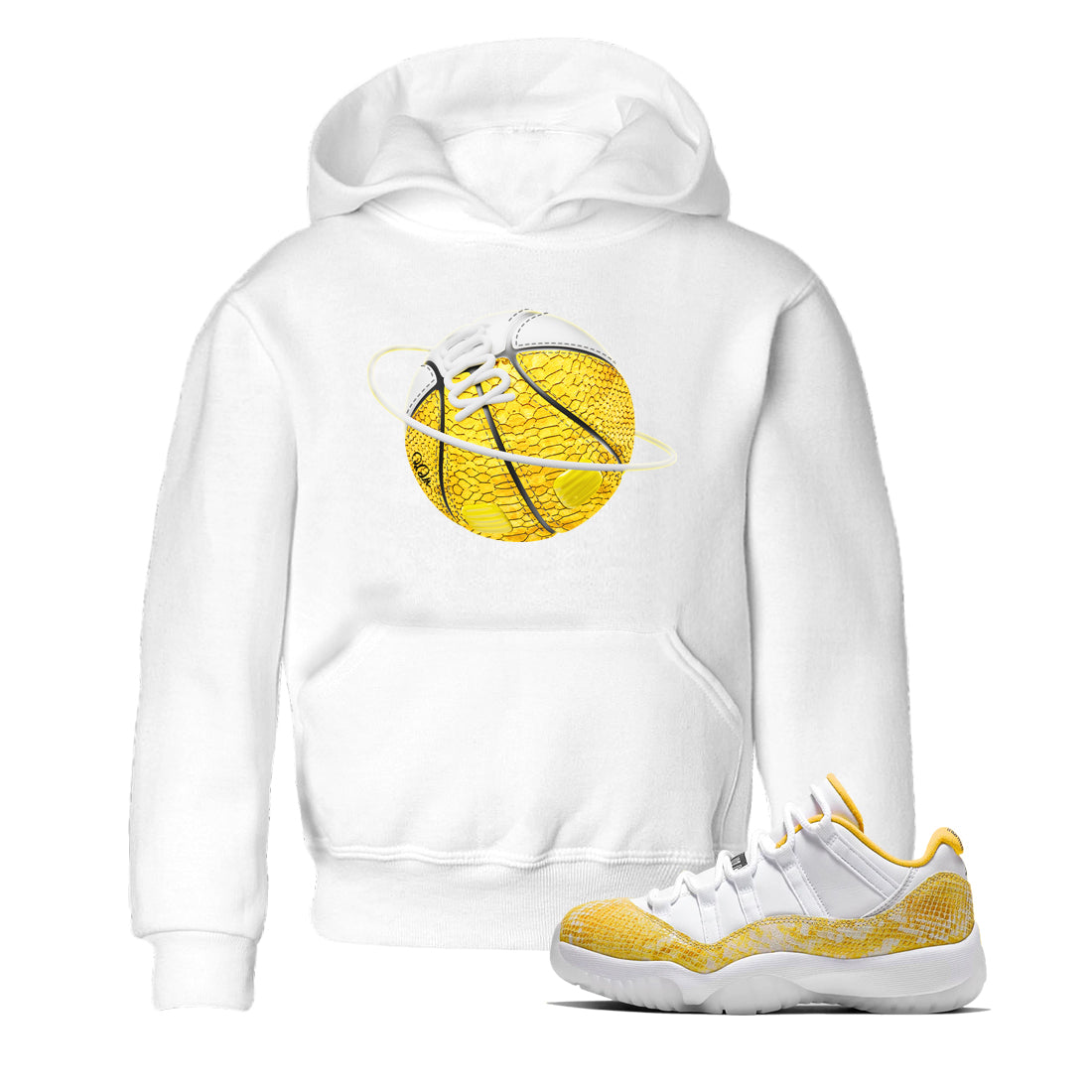 Air Jordan 11 Yellow Python Sneaker Match Tees Basketball Planet Streetwear Sneaker Shirt AJ11 Yellow Python Sneaker Release Tees Kids Shirts White 1