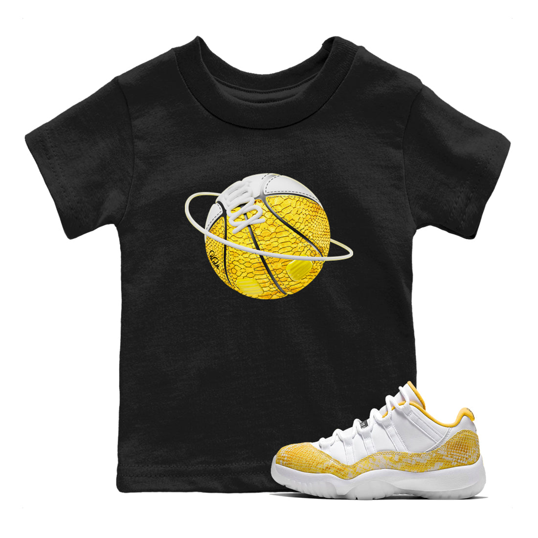 Air Jordan 11 Yellow Python Sneaker Match Tees Basketball Planet Streetwear Sneaker Shirt AJ11 Yellow Python Sneaker Release Tees Kids Shirts Black 1