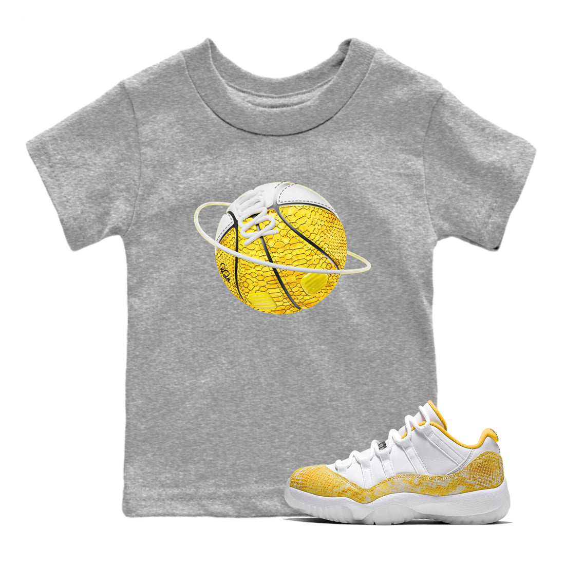 Air Jordan 11 Yellow Python Sneaker Match Tees Basketball Planet Streetwear Sneaker Shirt AJ11 Yellow Python Sneaker Release Tees Kids Shirts Heather Grey 1