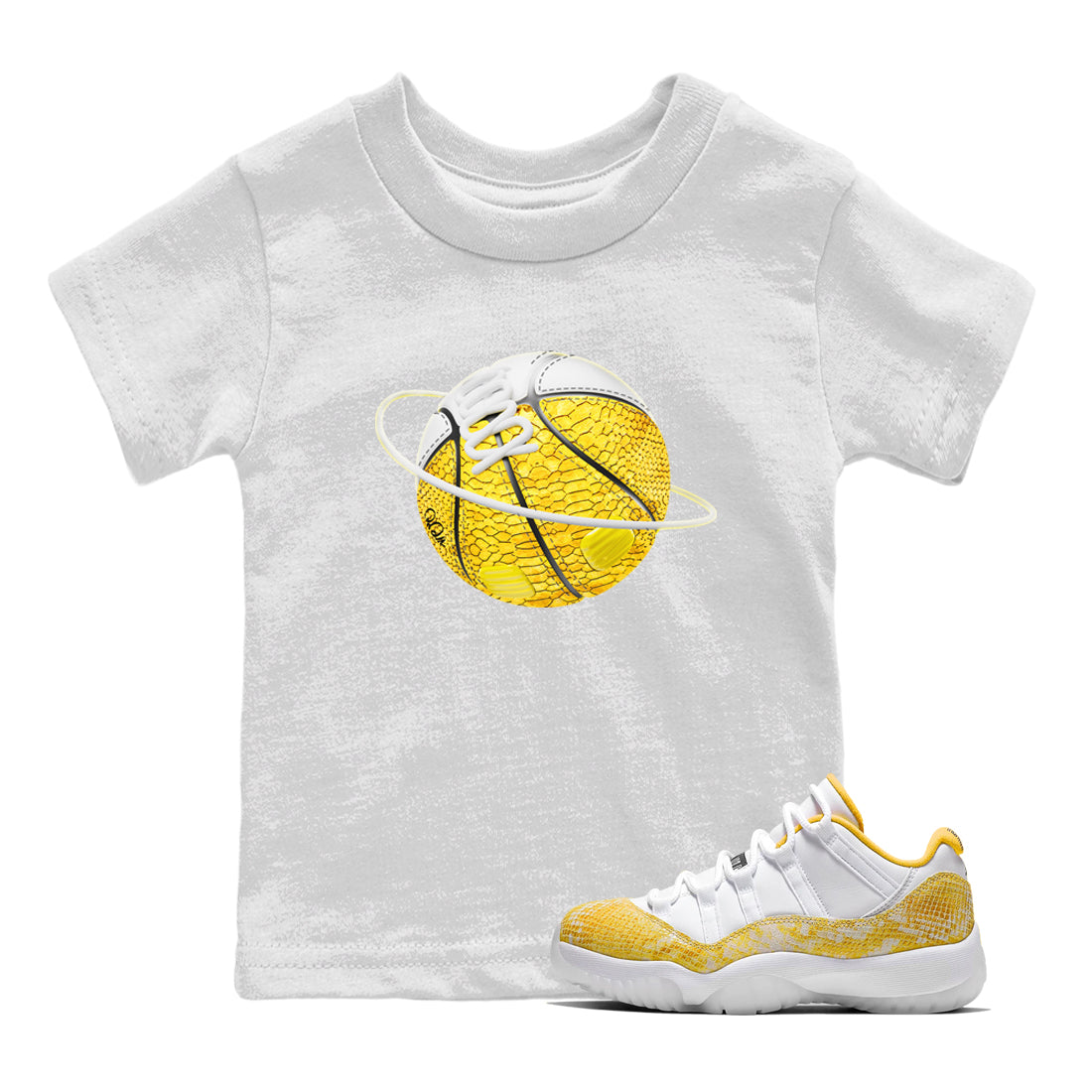 Air Jordan 11 Yellow Python Sneaker Match Tees Basketball Planet Streetwear Sneaker Shirt AJ11 Yellow Python Sneaker Release Tees Kids Shirts White 1