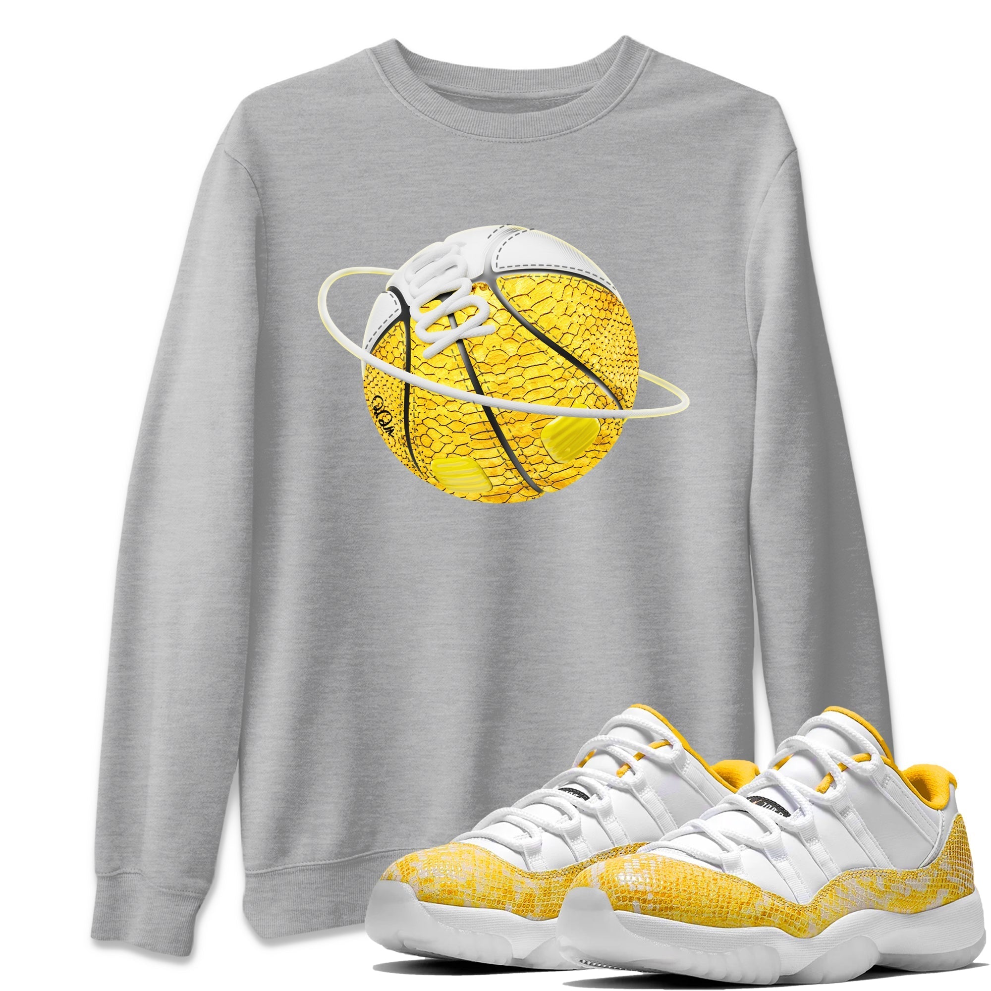 Air Jordan 11 Yellow Python Sneaker Match Tees Basketball Planet Streetwear Sneaker Shirt AJ11 Yellow Python Sneaker Release Tees Unisex Shirts Heather Grey 1