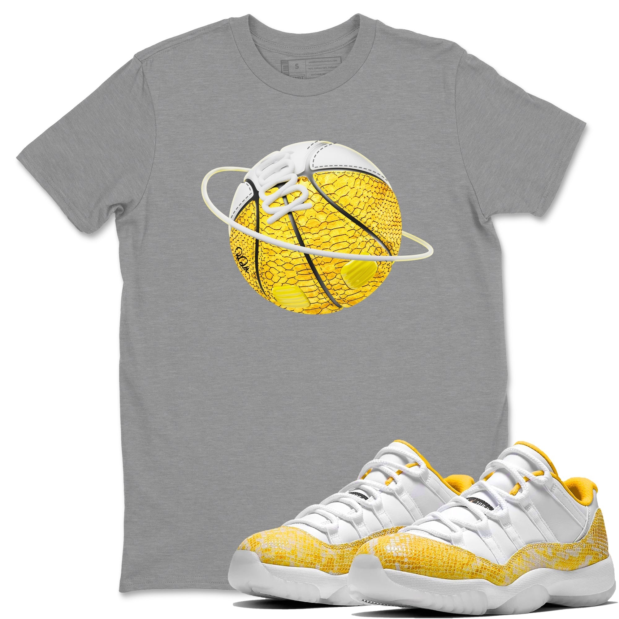 Air Jordan 11 Yellow Python Sneaker Match Tees Basketball Planet Streetwear Sneaker Shirt AJ11 Yellow Python Sneaker Release Tees Unisex Shirts Heather Grey 1