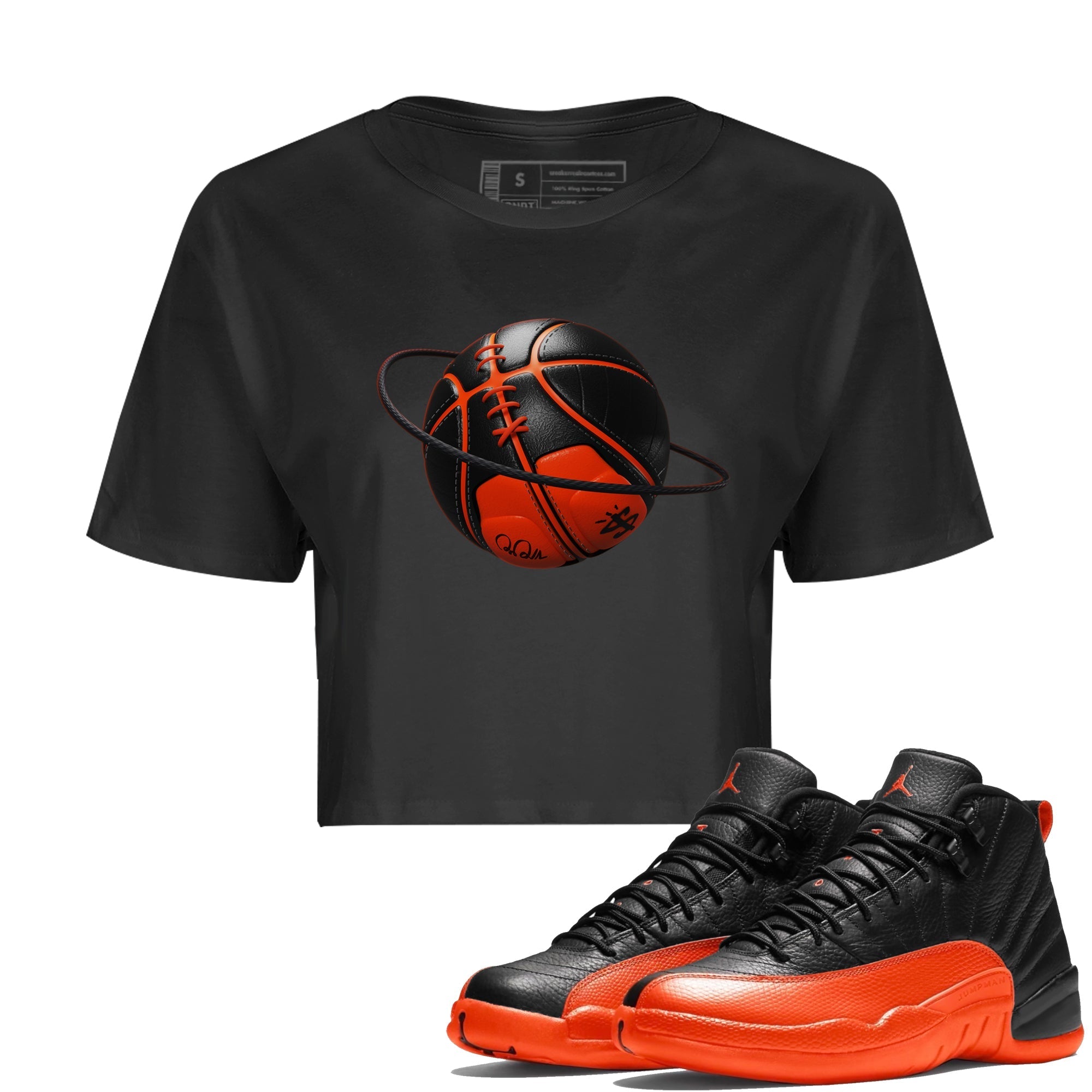 Air Jordan 12 Brilliant Orange Sneaker Match Tees Basketball Planet Streetwear Sneaker Shirt AJ12 Brilliant Orange Sneaker Release Tees Women's Shirts Black 1