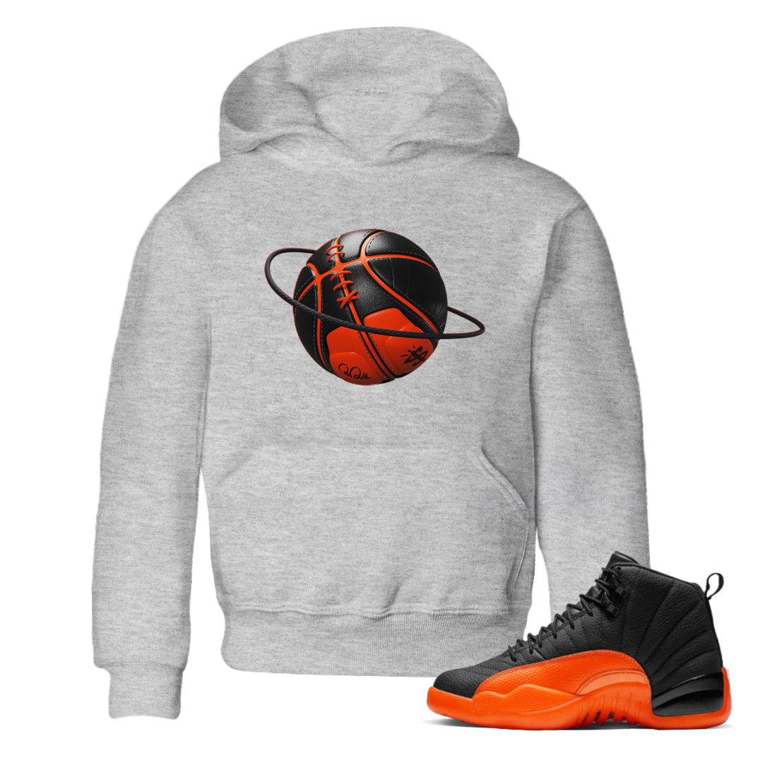 Air Jordan 12 Brilliant Orange Sneaker Match Tees Basketball Planet Streetwear Sneaker Shirt AJ12 Brilliant Orange Sneaker Release Tees Kids Shirts Heather Grey 1