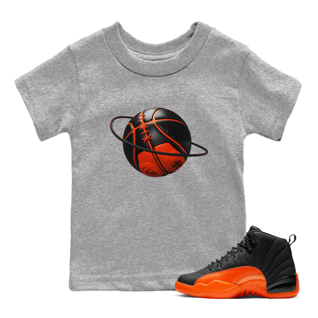 Air Jordan 12 Brilliant Orange Sneaker Match Tees Basketball Planet Streetwear Sneaker Shirt AJ12 Brilliant Orange Sneaker Release Tees Kids Shirts Heather Grey 1