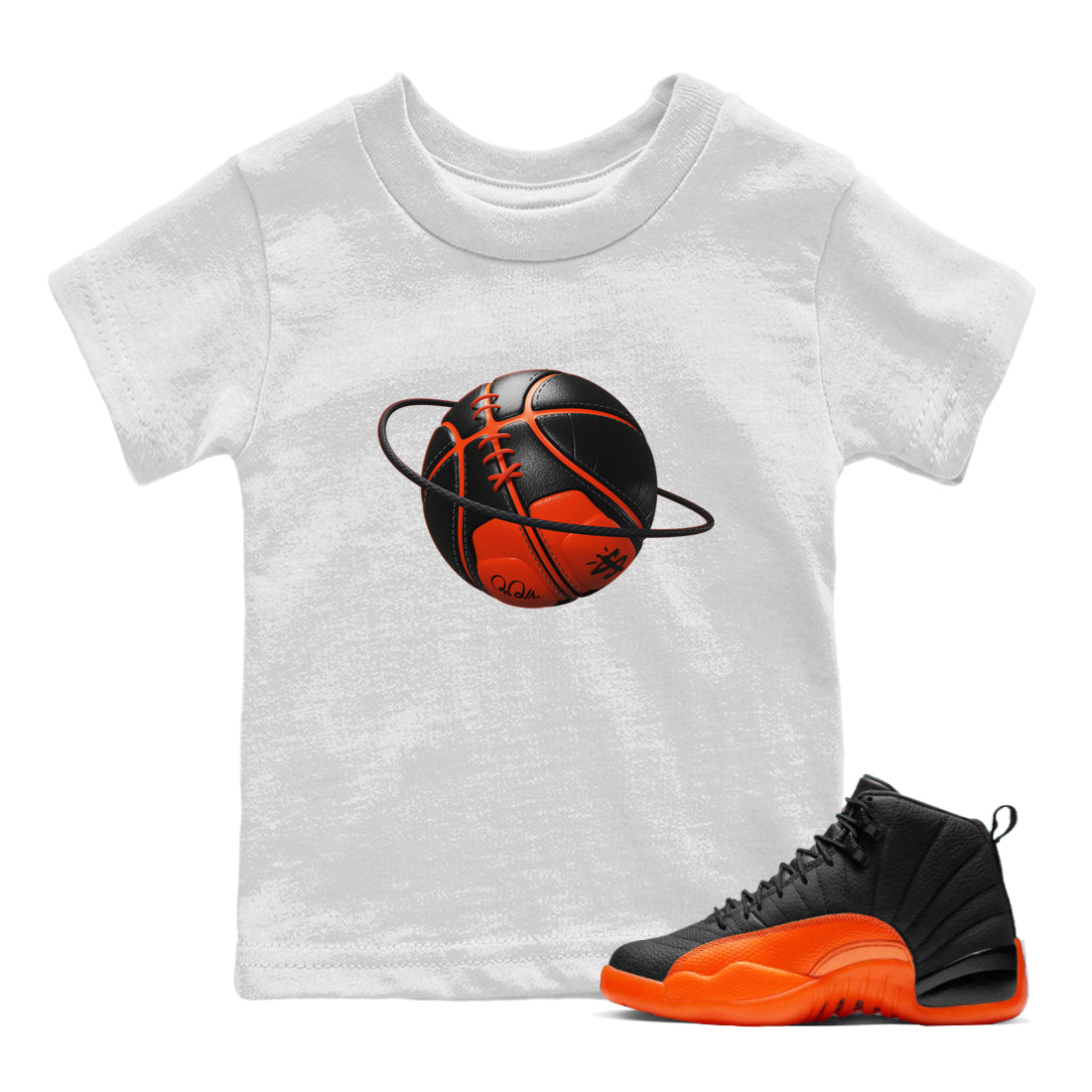 Air Jordan 12 Brilliant Orange Sneaker Match Tees Basketball Planet Streetwear Sneaker Shirt AJ12 Brilliant Orange Sneaker Release Tees Kids Shirts White 1