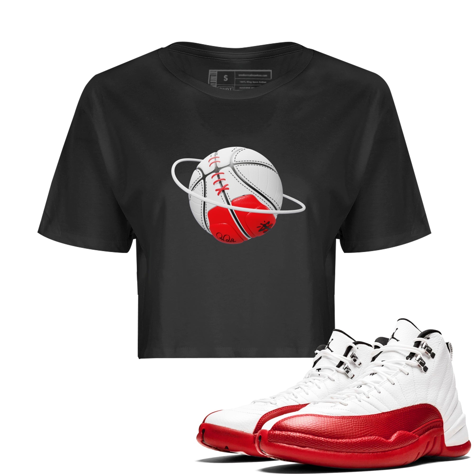 Air Jordan 12 Cherry Sneaker Match Tees Basketball Planet Streetwear Sneaker Shirt AJ12 Cherry Sneaker Release Tees Women's Shirts Black 1