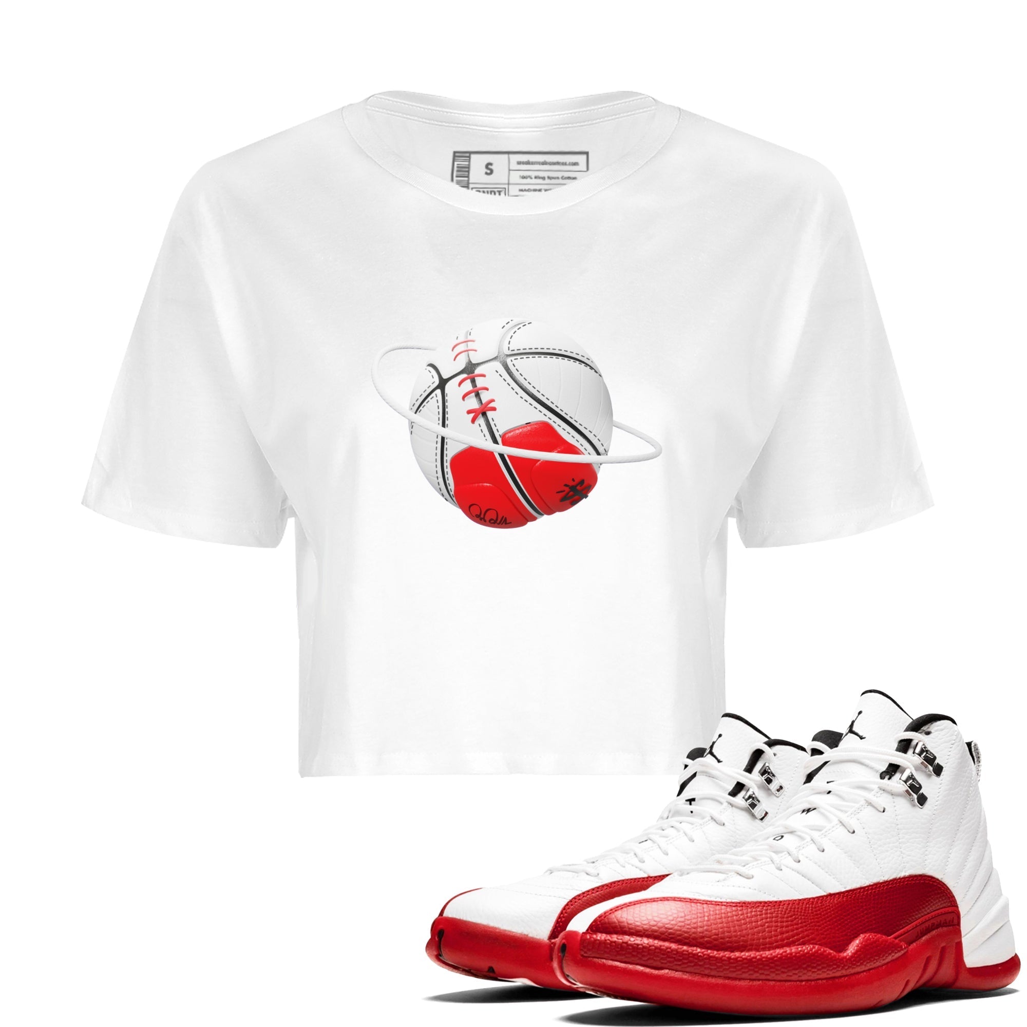 Air Jordan 12 Cherry Sneaker Match Tees Basketball Planet Streetwear Sneaker Shirt AJ12 Cherry Sneaker Release Tees Women's Shirts White 1
