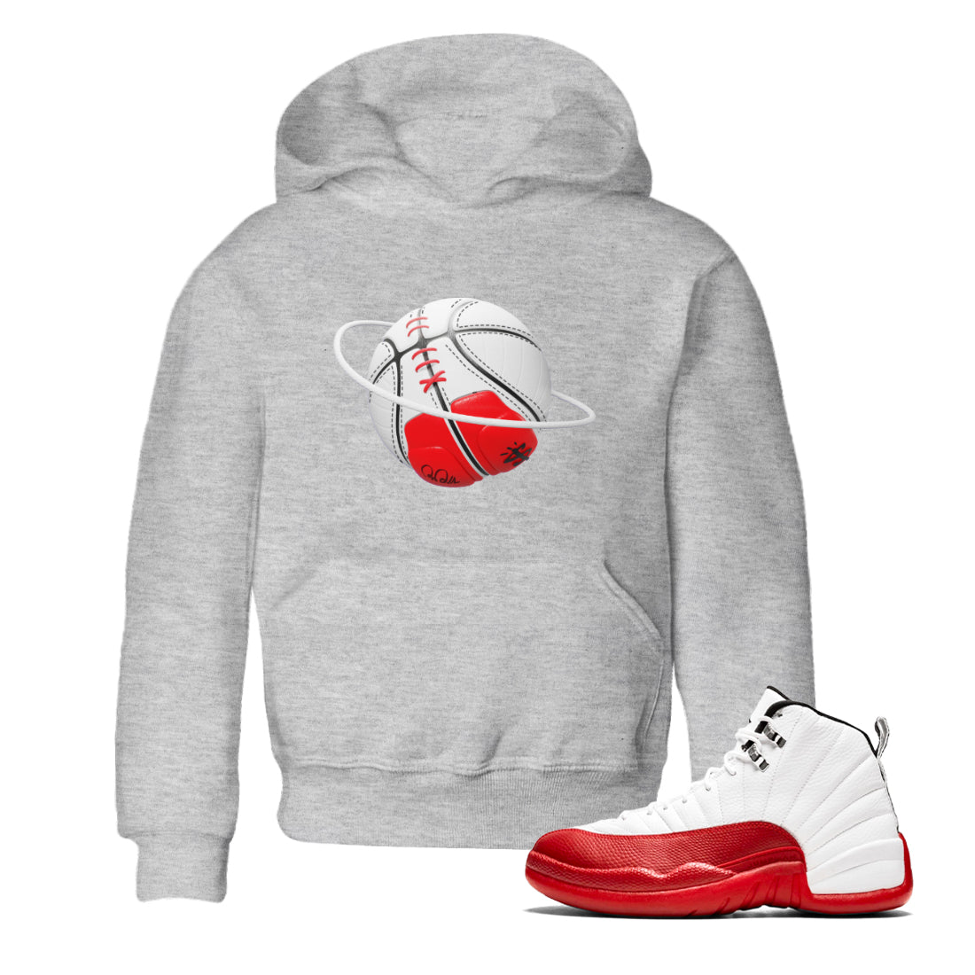 Air Jordan 12 Cherry Sneaker Match Tees Basketball Planet Streetwear Sneaker Shirt AJ12 Cherry Sneaker Release Tees Kids Shirts Heather Grey 1