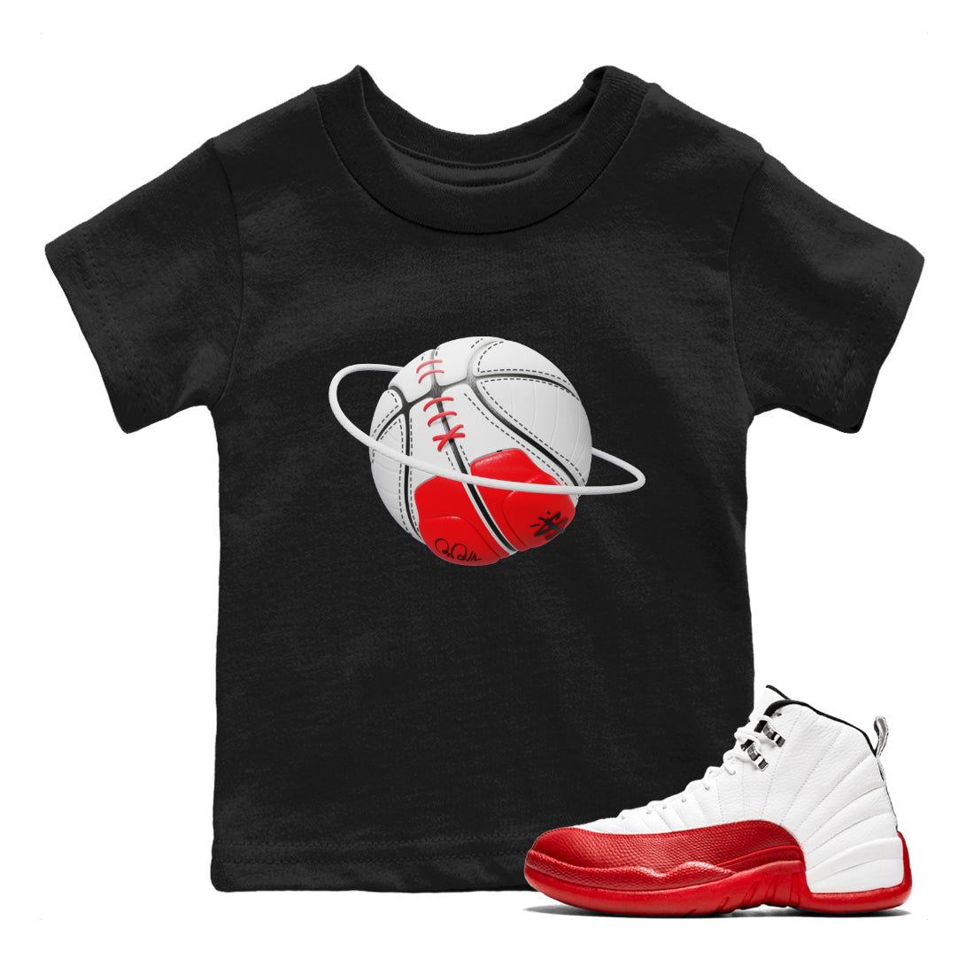 Air Jordan 12 Cherry Sneaker Match Tees Basketball Planet Streetwear Sneaker Shirt AJ12 Cherry Sneaker Release Tees Kids Shirts Black 1
