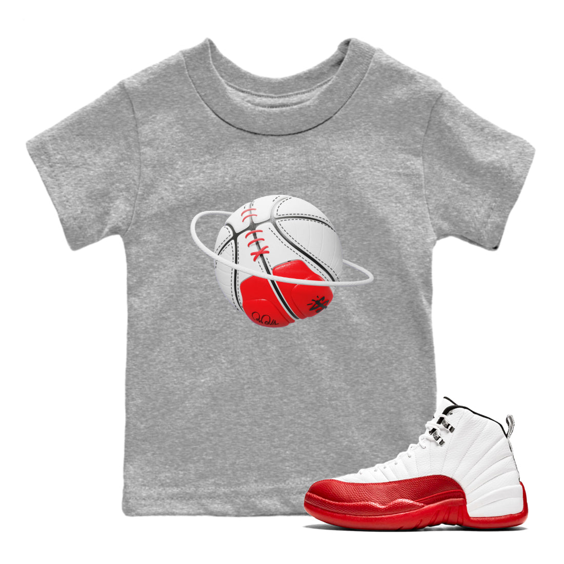 Air Jordan 12 Cherry Sneaker Match Tees Basketball Planet Streetwear Sneaker Shirt AJ12 Cherry Sneaker Release Tees Kids Shirts Heather Grey 1