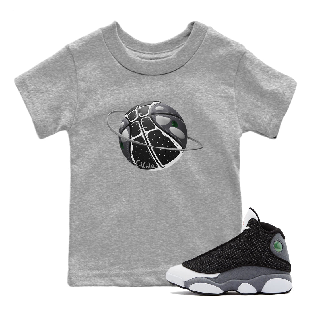Air Jordan 13 Black Flint Sneaker Match Tees Basketball Planet Streetwear Sneaker Shirt AJ13 Retro Black Flint Sneaker Release Tees Kids Shirts Heather Grey 1