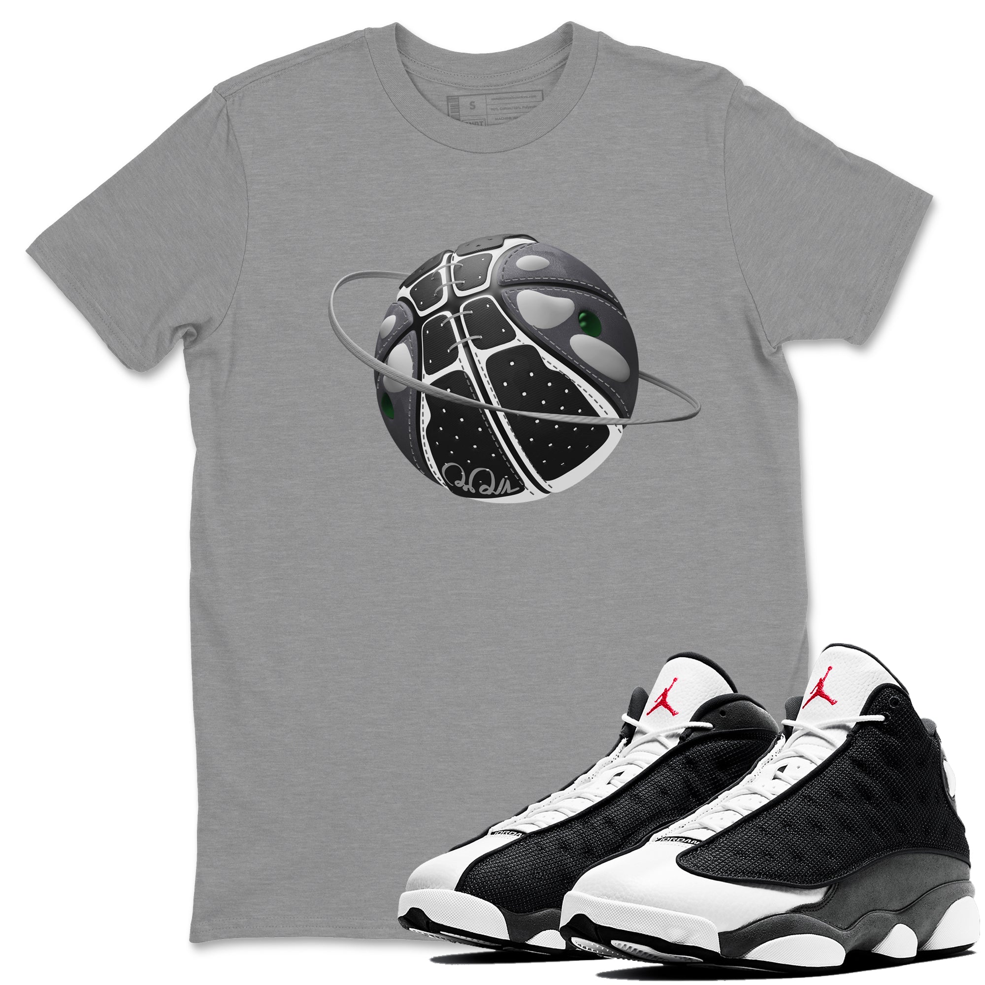 Air Jordan 13 Black Flint Sneaker Match Tees Basketball Planet Streetwear Sneaker Shirt AJ13 Retro Black Flint Sneaker Release Tees Unisex Shirts Heather Grey 1