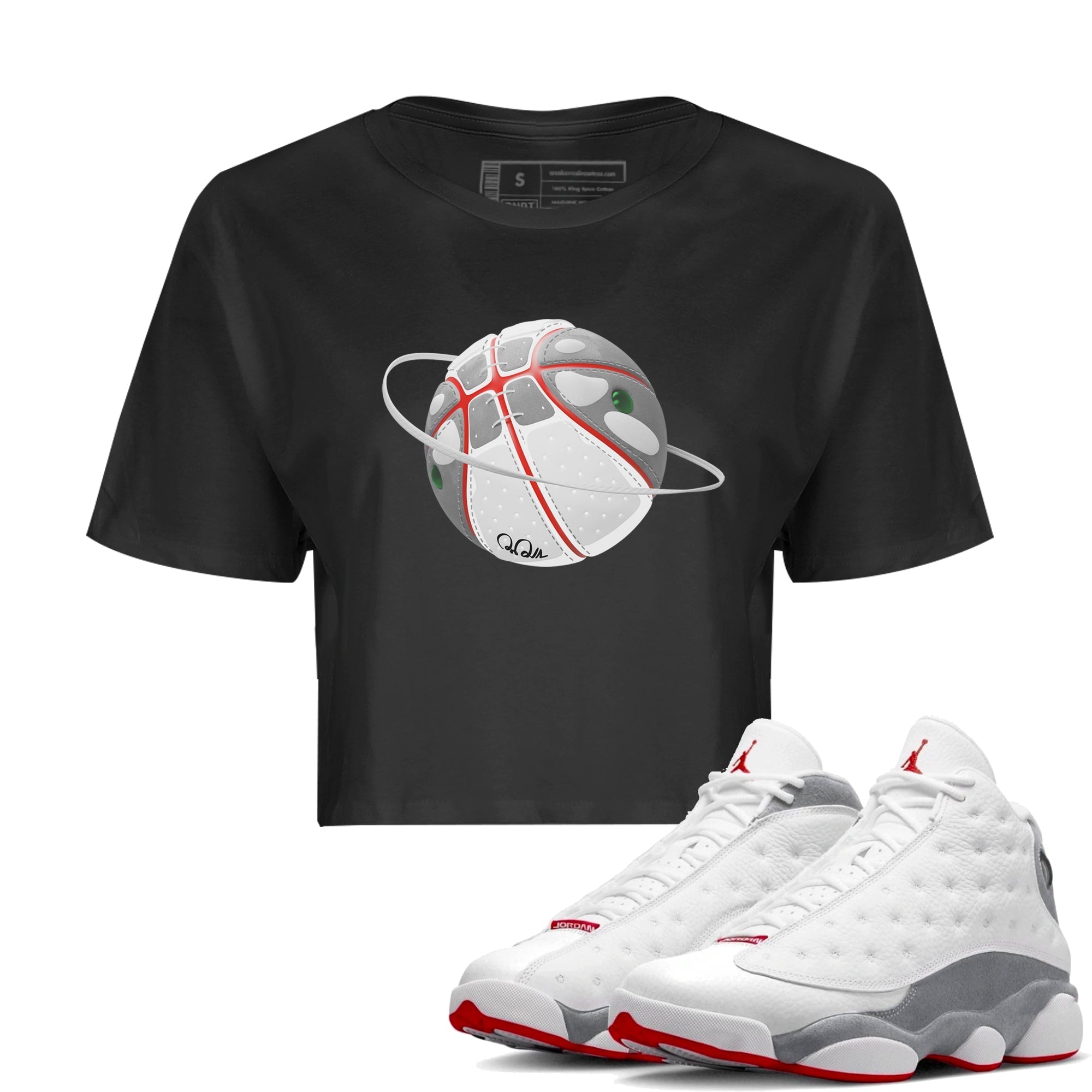 Air Jordan 13 Wolf Grey Sneaker Match Tees Basketball Planet Streetwear Sneaker Shirt AJ13 Wolf Grey Sneaker Release Tees Women's Shirts Black 1