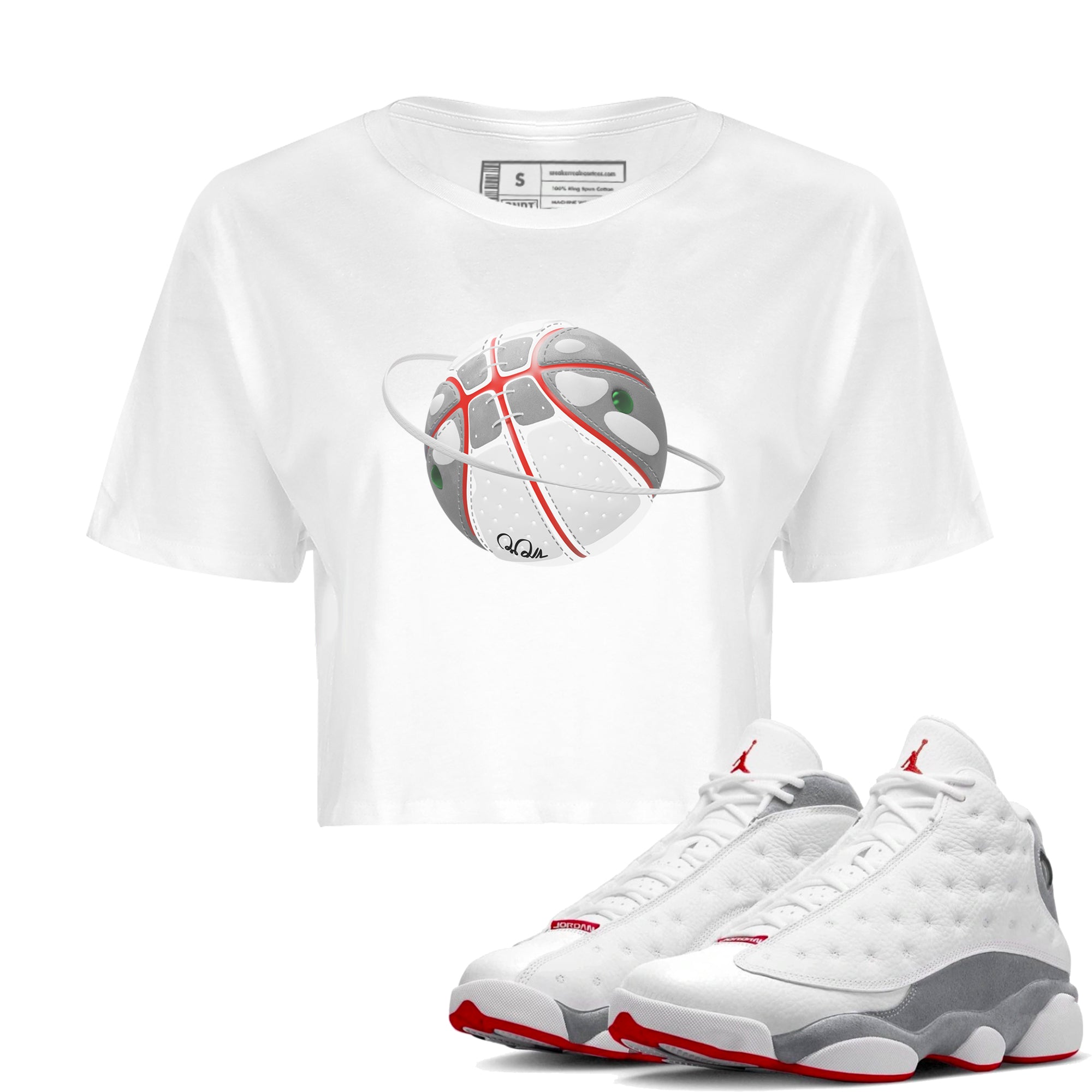 Air Jordan 13 Wolf Grey Sneaker Match Tees Basketball Planet Streetwear Sneaker Shirt AJ13 Wolf Grey Sneaker Release Tees Women's Shirts White 1