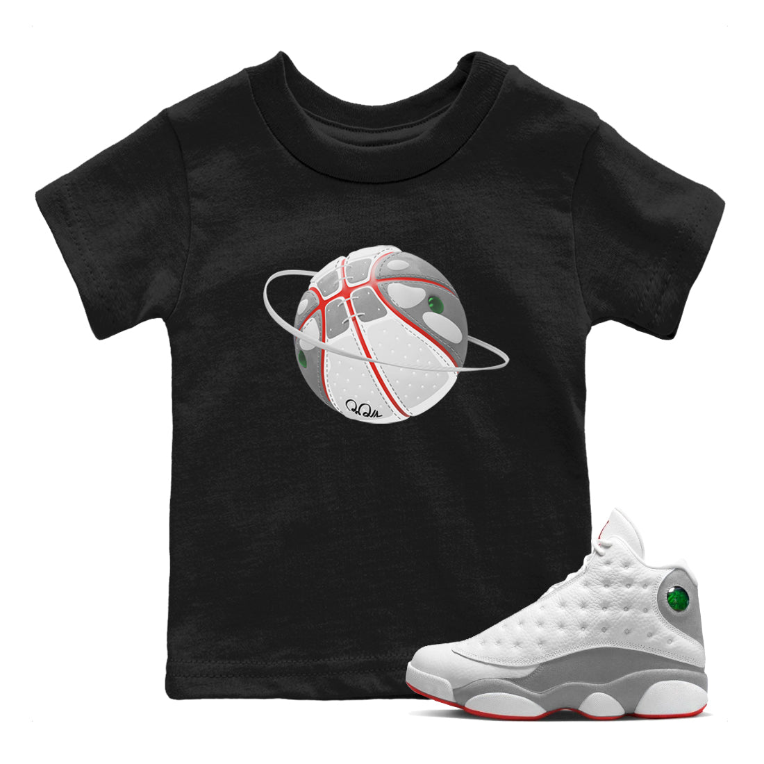Air Jordan 13 Wolf Grey Sneaker Match Tees Basketball Planet Streetwear Sneaker Shirt AJ13 Wolf Grey Sneaker Release Tees Kids Shirts Black 1