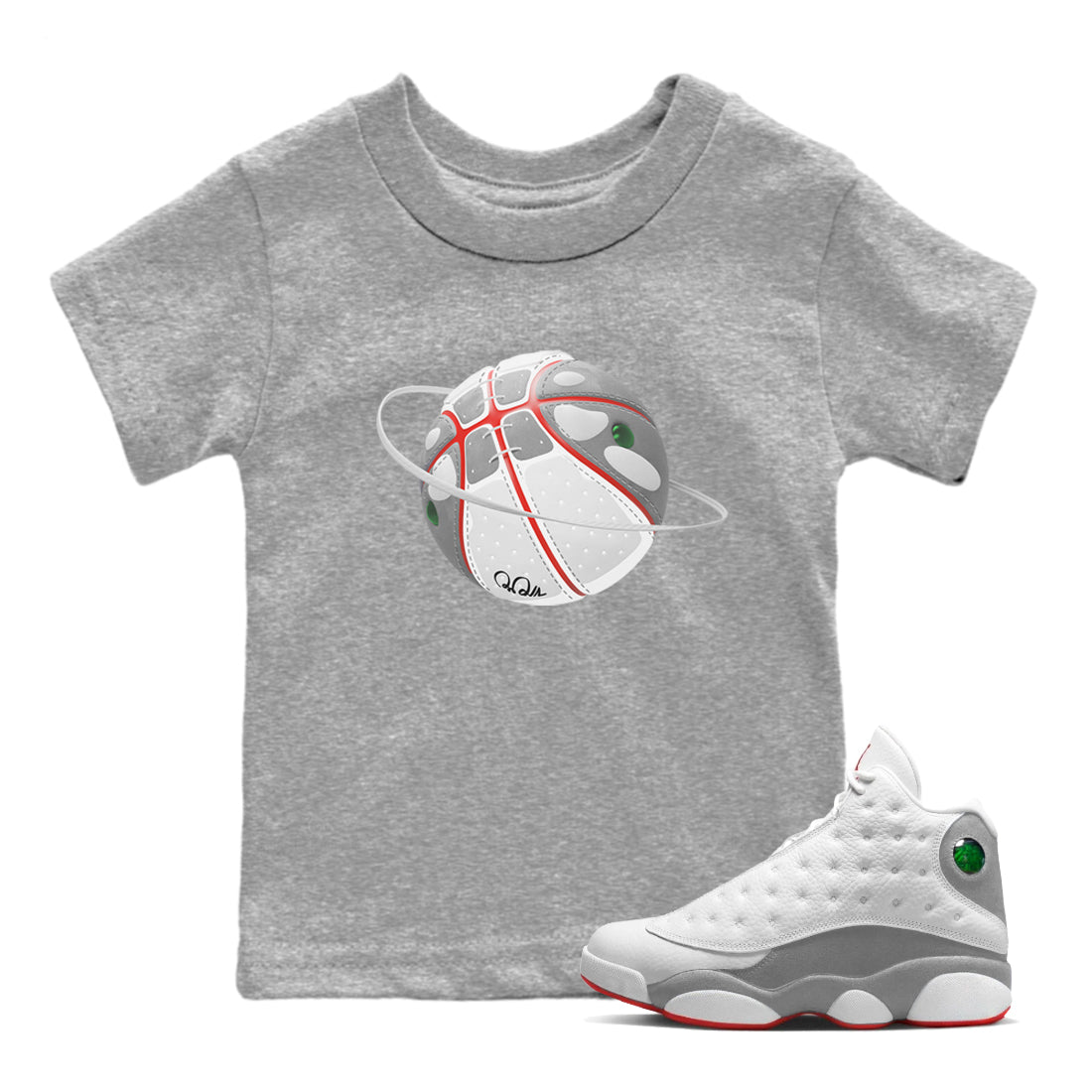 Air Jordan 13 Wolf Grey Sneaker Match Tees Basketball Planet Streetwear Sneaker Shirt AJ13 Wolf Grey Sneaker Release Tees Kids Shirts Heather Grey 1