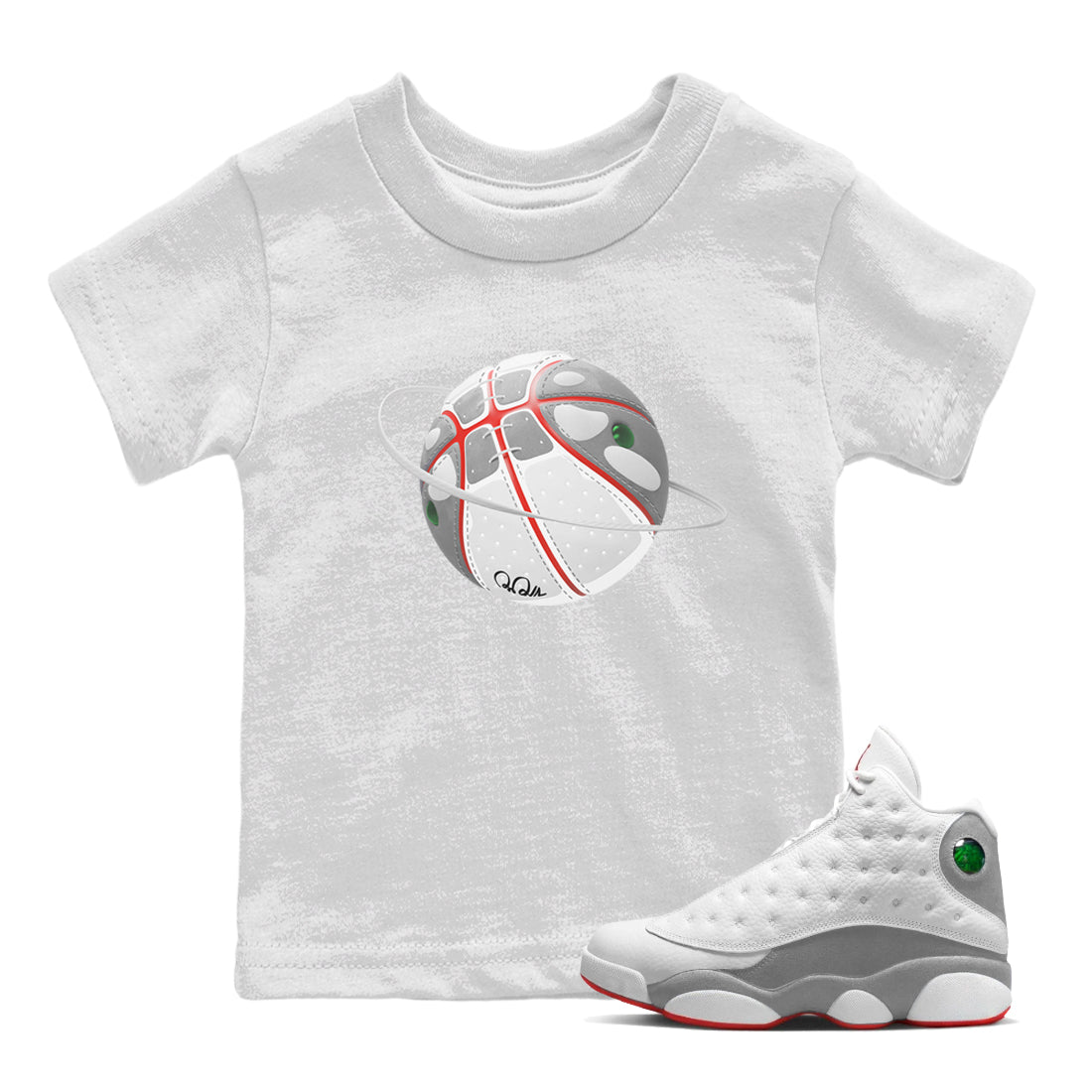 Air Jordan 13 Wolf Grey Sneaker Match Tees Basketball Planet Streetwear Sneaker Shirt AJ13 Wolf Grey Sneaker Release Tees Kids Shirts White 1