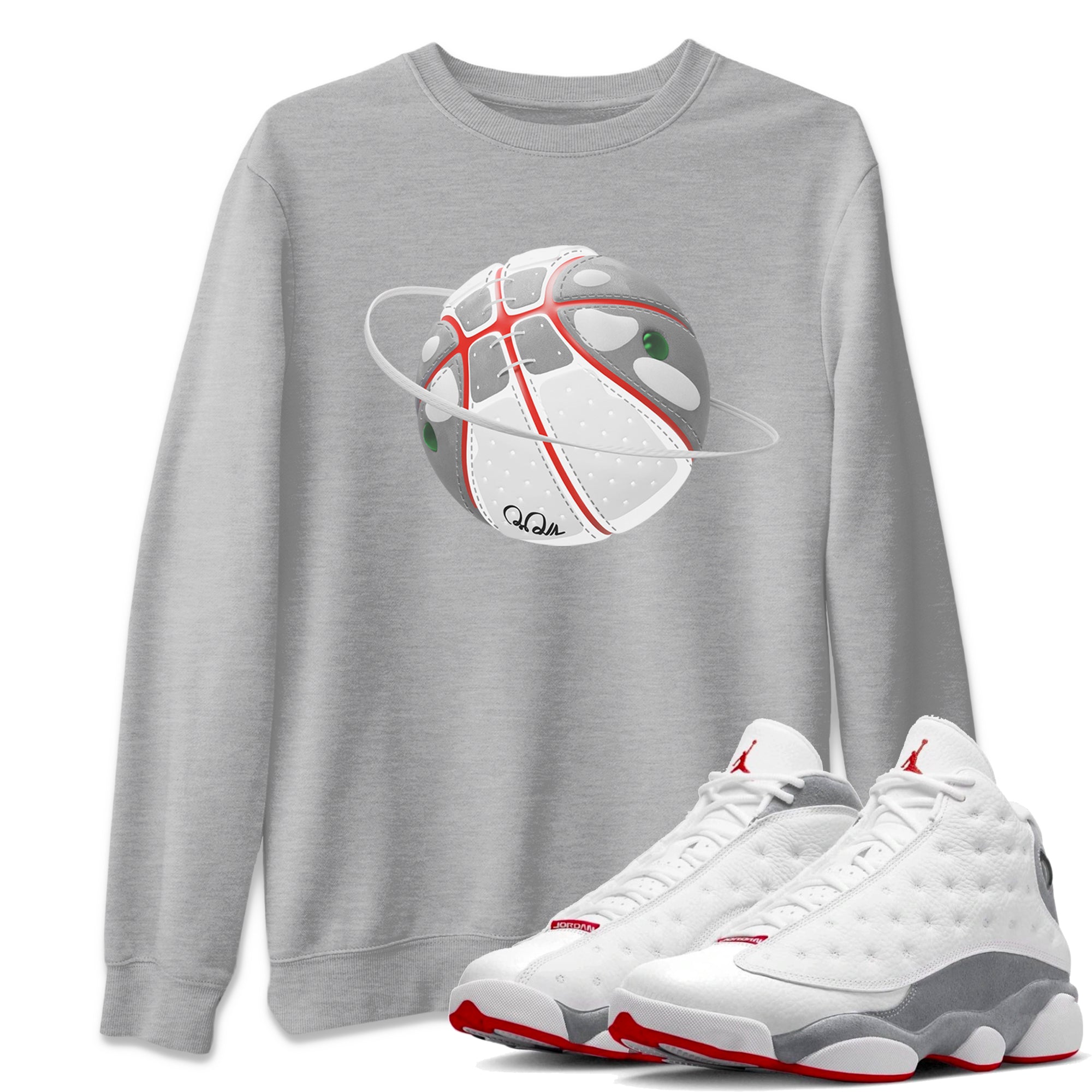 Air Jordan 13 Wolf Grey Sneaker Match Tees Basketball Planet Streetwear Sneaker Shirt AJ13 Wolf Grey Sneaker Release Tees Unisex Shirts Heather Grey 1