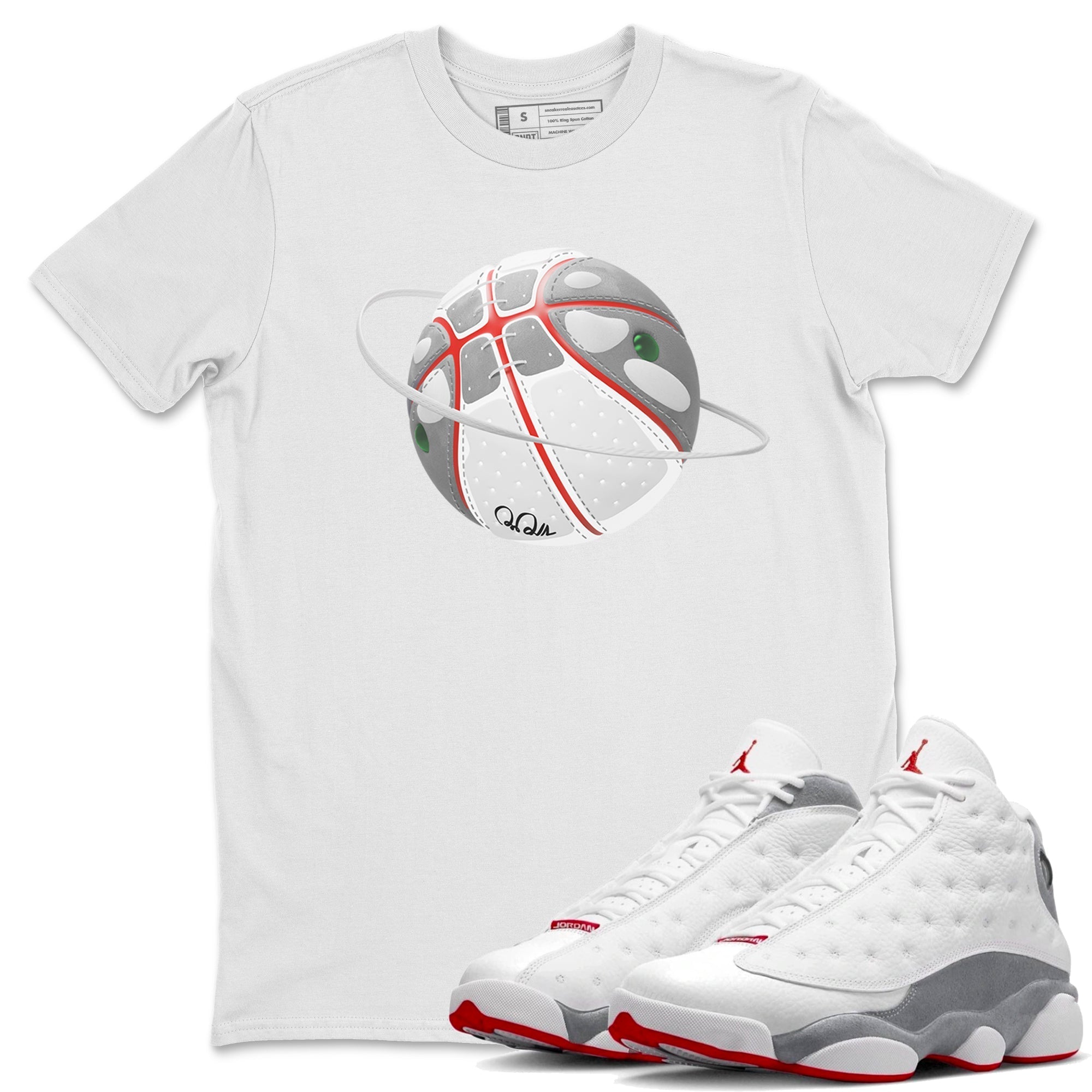 Air Jordan 13 Wolf Grey Sneaker Match Tees Basketball Planet Streetwear Sneaker Shirt AJ13 Wolf Grey Sneaker Release Tees Unisex Shirts White 1