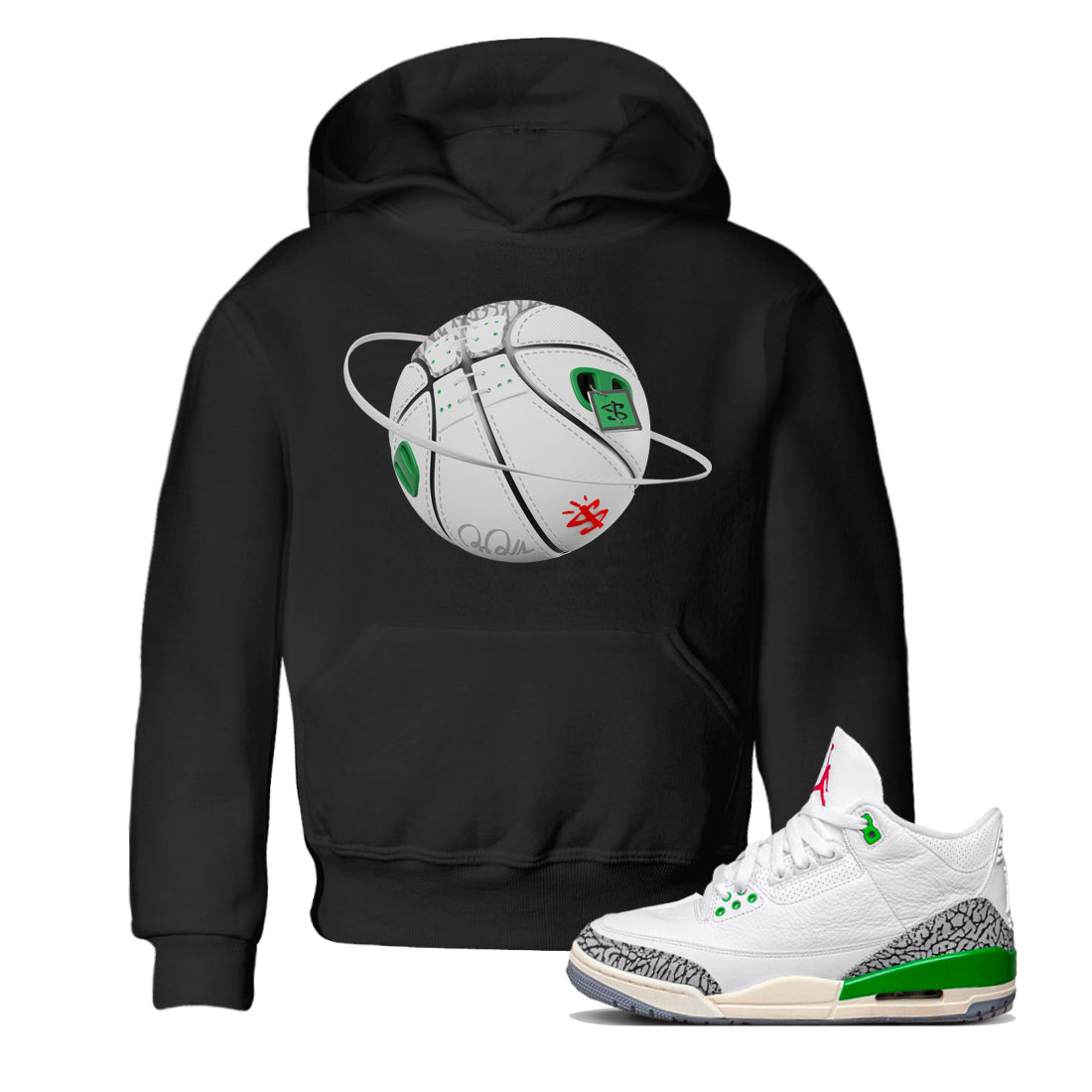 Air Jordan 3 Lucky Green Sneaker Match Tees Basketball Planet Streetwear Sneaker Shirt AJ3 Lucky Green Sneaker Release Tees Kids Shirts Black 1