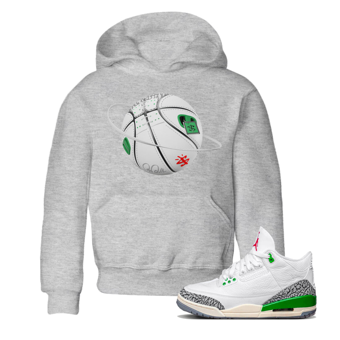 Air Jordan 3 Lucky Green Sneaker Match Tees Basketball Planet Streetwear Sneaker Shirt AJ3 Lucky Green Sneaker Release Tees Kids Shirts Heather Grey 1