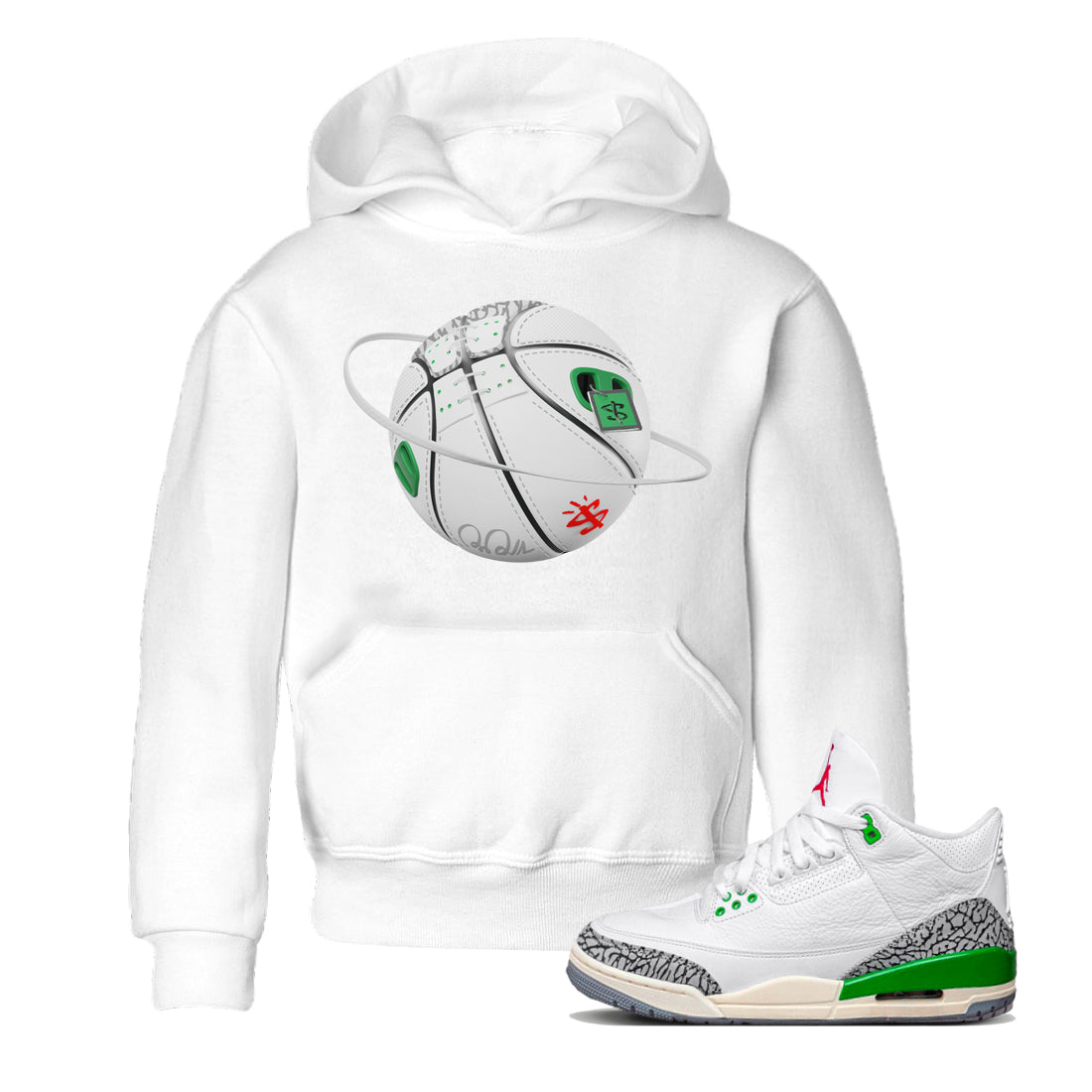 Air Jordan 3 Lucky Green Sneaker Match Tees Basketball Planet Streetwear Sneaker Shirt AJ3 Lucky Green Sneaker Release Tees Kids Shirts White 1