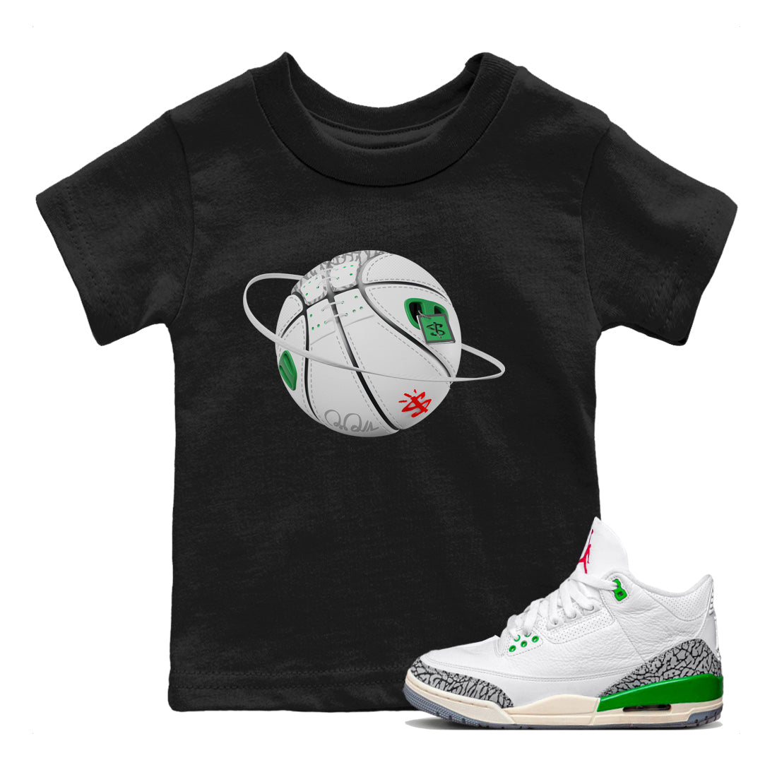 Air Jordan 3 Lucky Green Sneaker Match Tees Basketball Planet Streetwear Sneaker Shirt AJ3 Lucky Green Sneaker Release Tees Kids Shirts Black 1
