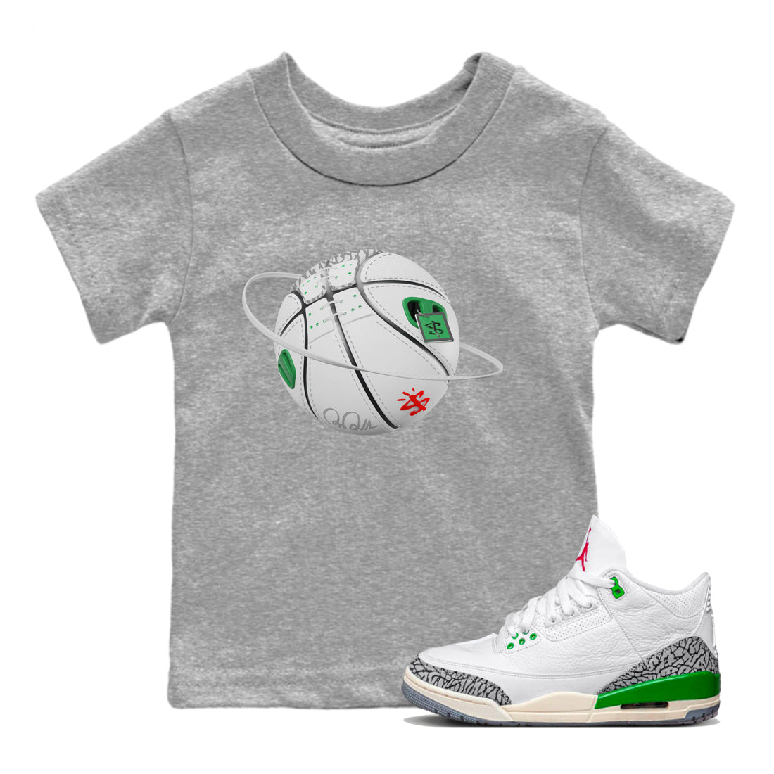 Air Jordan 3 Lucky Green Sneaker Match Tees Basketball Planet Streetwear Sneaker Shirt AJ3 Lucky Green Sneaker Release Tees Kids Shirts Heather Grey 1