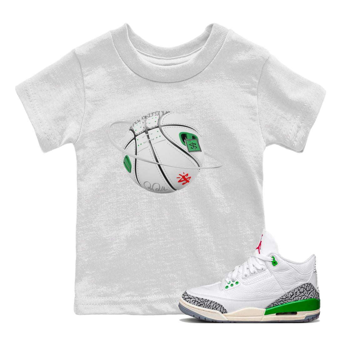 Air Jordan 3 Lucky Green Sneaker Match Tees Basketball Planet Streetwear Sneaker Shirt AJ3 Lucky Green Sneaker Release Tees Kids Shirts White 1