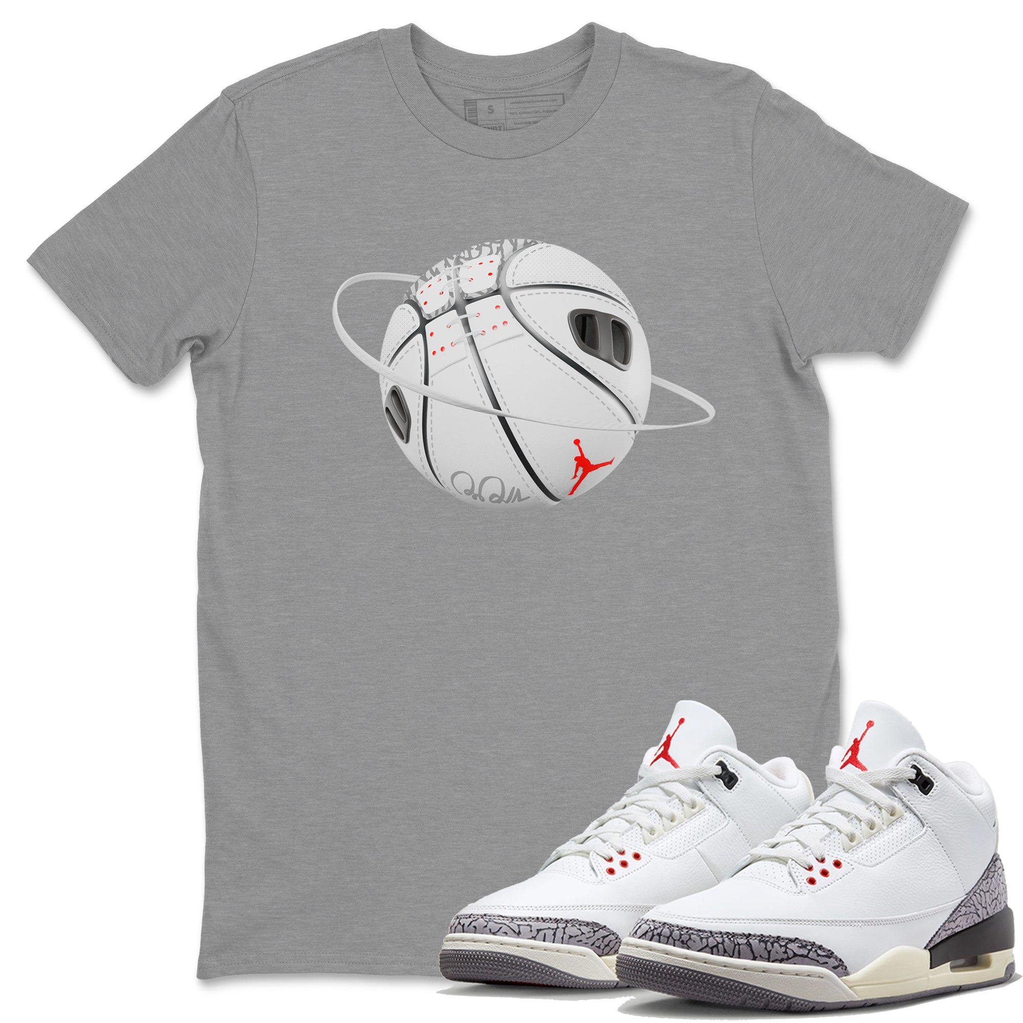 Air Jordan 3 White Cement Basketball Planet Crew Neck Sneaker Tees AJ3 White Cement Sneaker T-Shirts Size Chart