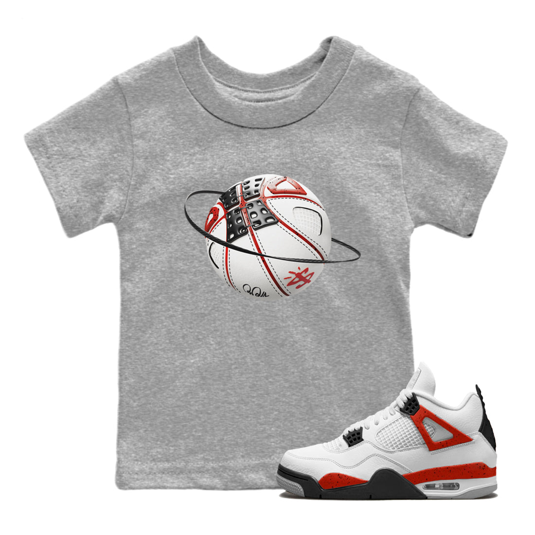 Air Jordan 4 Red Cement Sneaker Match Tees Basketball Planet Streetwear Sneaker Shirt AJ4 Retro OG Red Cement Sneaker Release Tees Kids Shirts Heather Grey 1