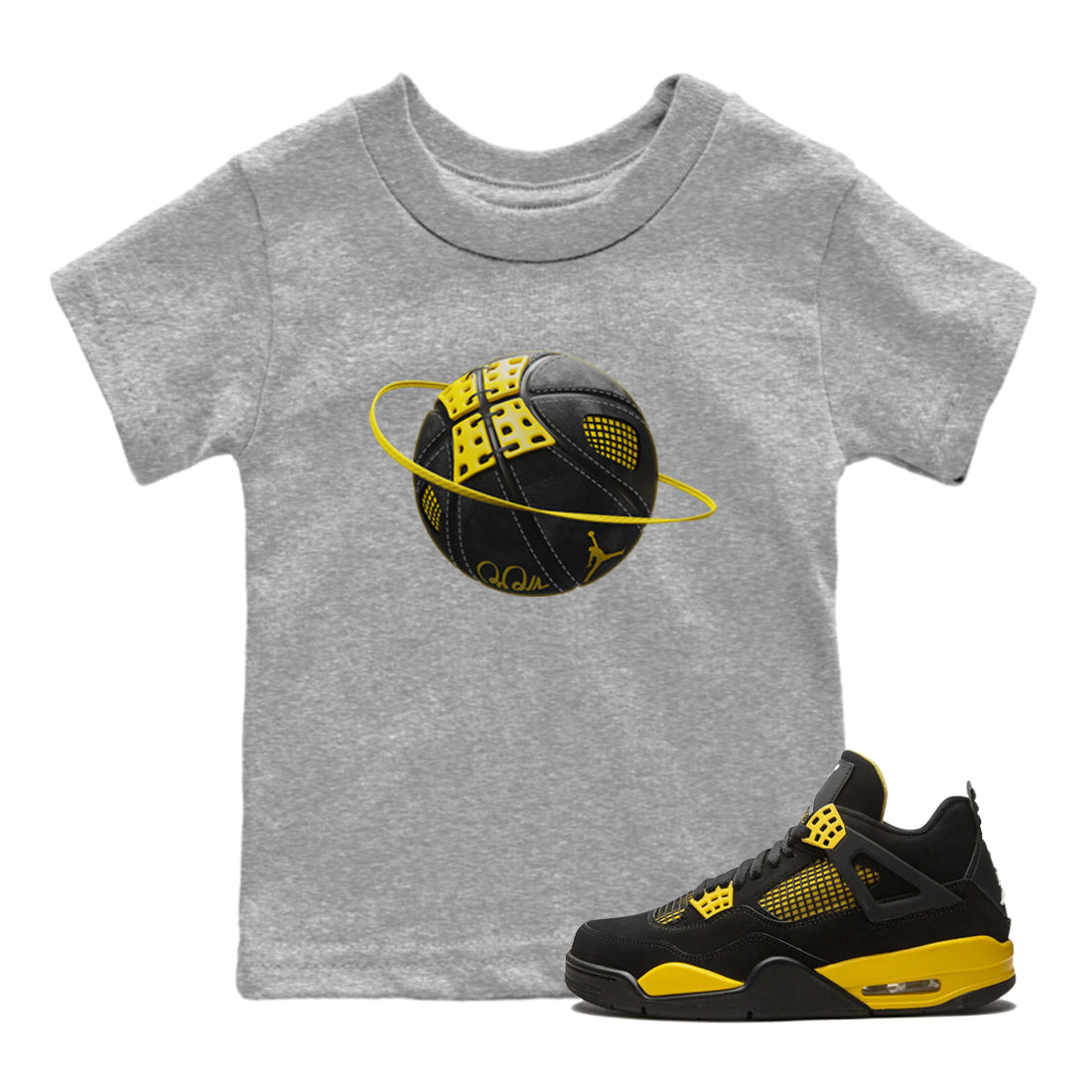 Air Jordan 4 Thunder Sneaker Match Tees Basketball Planet Streetwear Sneaker Shirt AJ4 Thunder Jumpman Sneaker Release Tees Kids Shirts Heather Grey 1