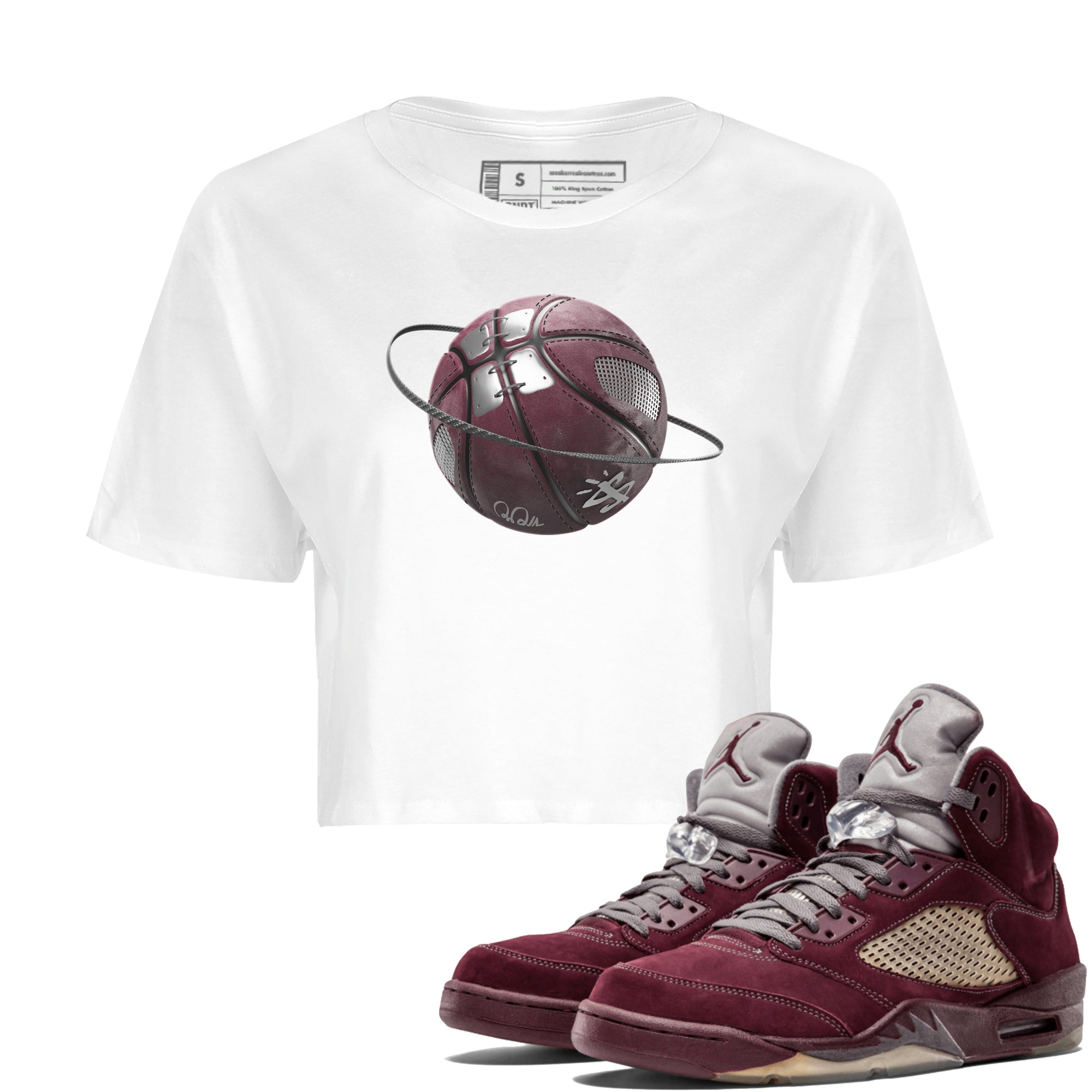 Air Jordan 5 Burgundy Sneaker Match Tees Basketball Planet Streetwear Sneaker Shirt AJ5 Burgundy Sneaker Release Tees Women's Shirts White 1
