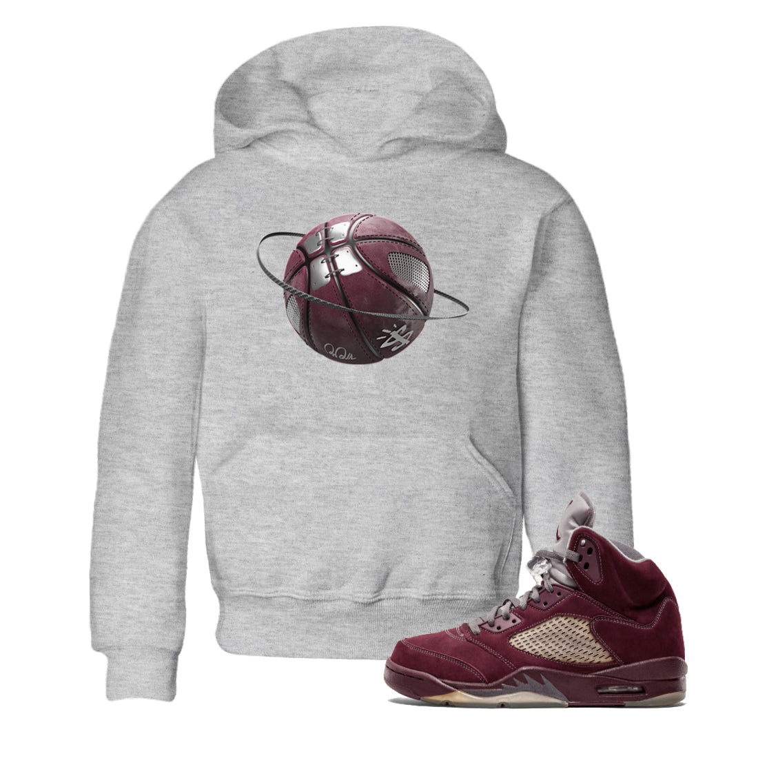 Air Jordan 5 Burgundy Sneaker Match Tees Basketball Planet Streetwear Sneaker Shirt AJ5 Burgundy Sneaker Release Tees Kids Shirts Heather Grey 1